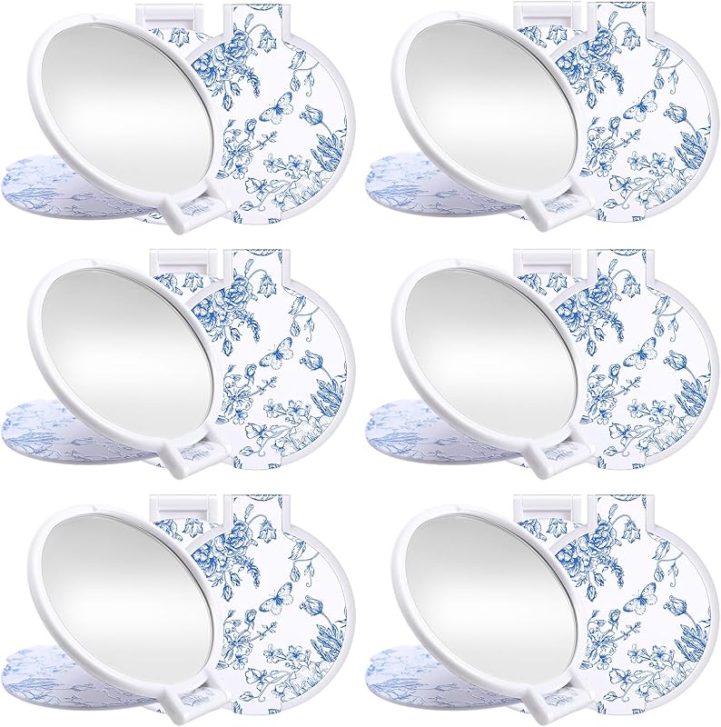 Espelhos compactos redondos Quzzil com estampa floral azul e branca, 12 unidades