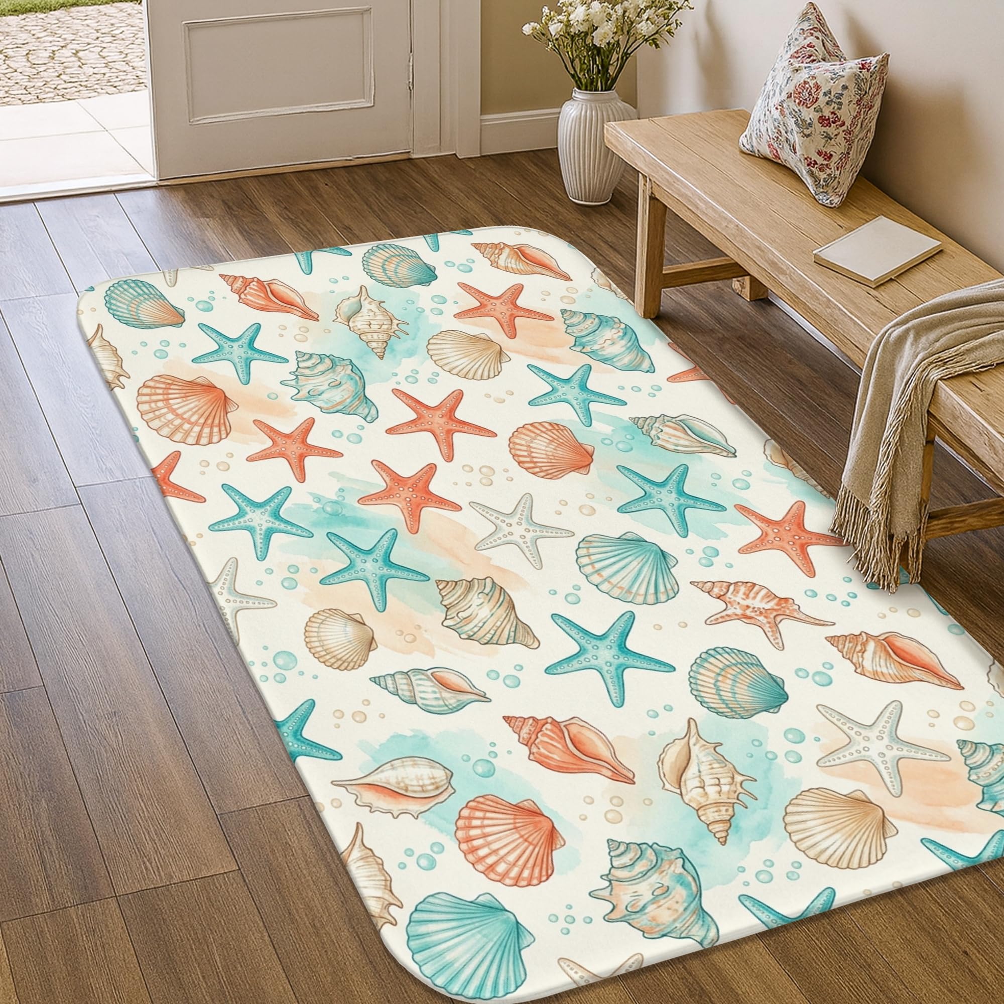 Alfombra de estrella de mar rectangular color aguamarina antideslizante para entrada y baño