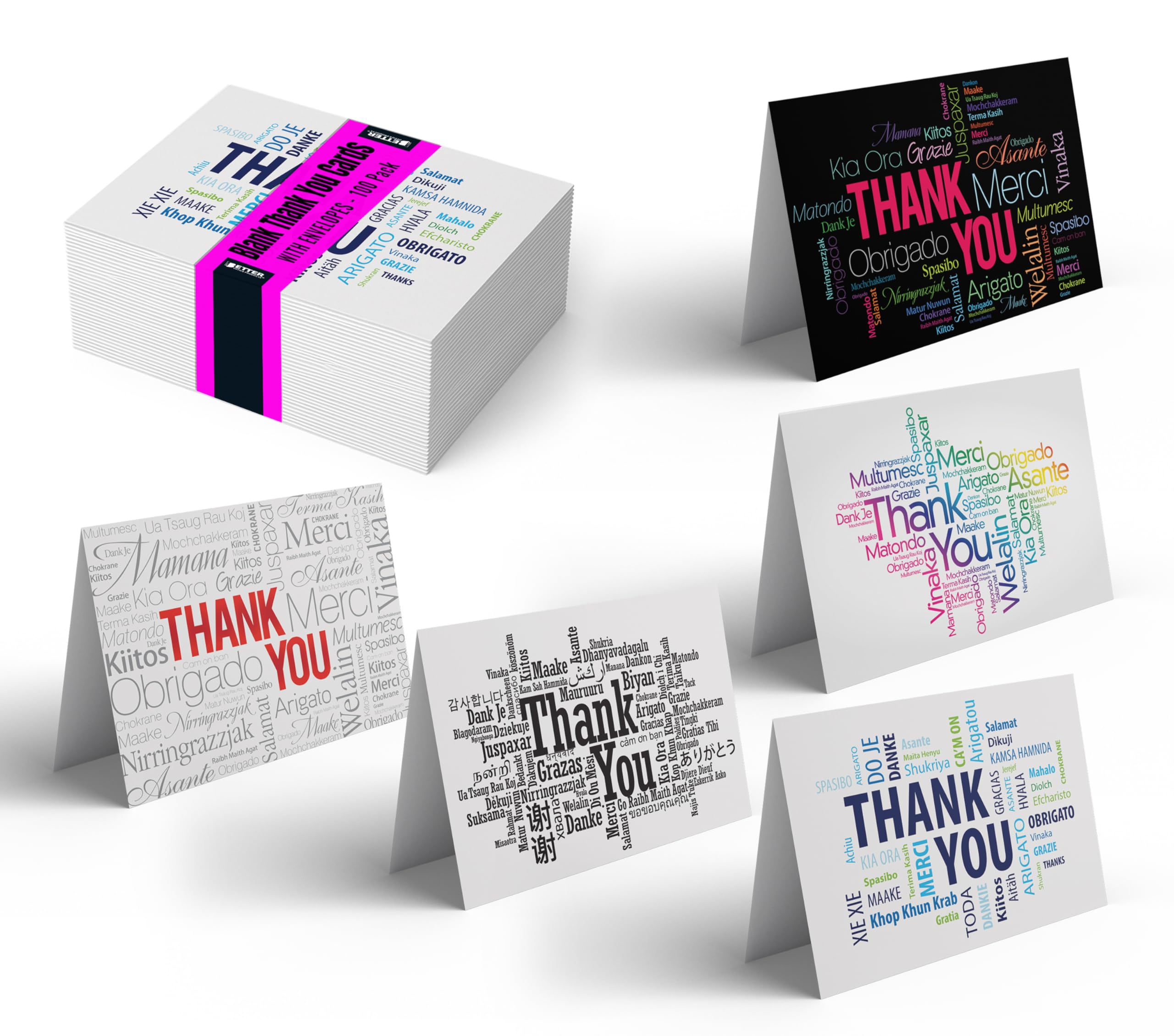 Better Office Products Thank You Cards with Envelopes (100 Pack), 5 Cover Designs, Blank Inside, All Occasions, Baby Showers, Graduation, and Weddings