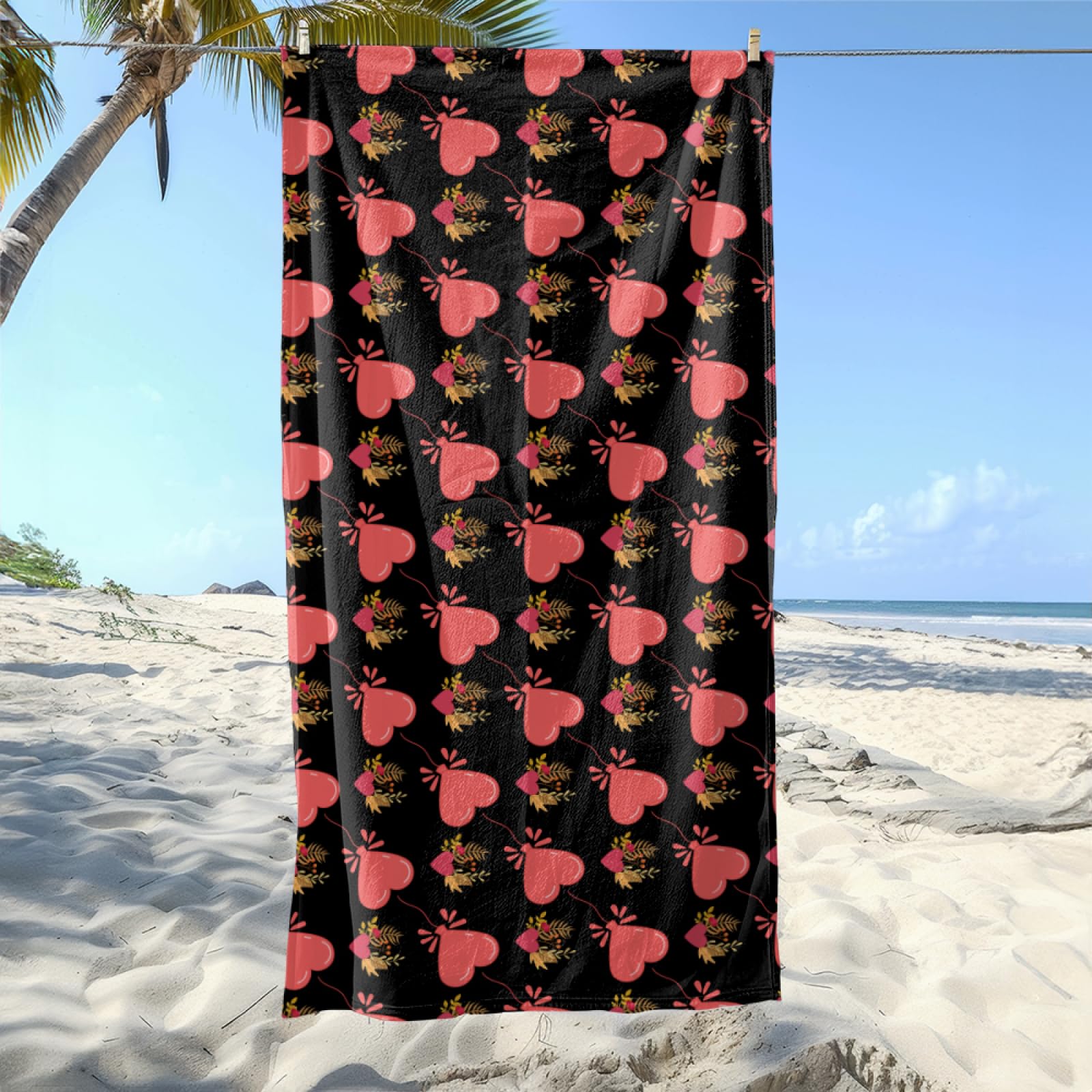 Fouta PlageCœurs Noirs Roses Modèle Surdimensionné avec Diverses Tailles, Respirante et Portable, Parfaite pour Voyages Sorties Piscine et Usage Extérieur Quotidien 90x160 cm
