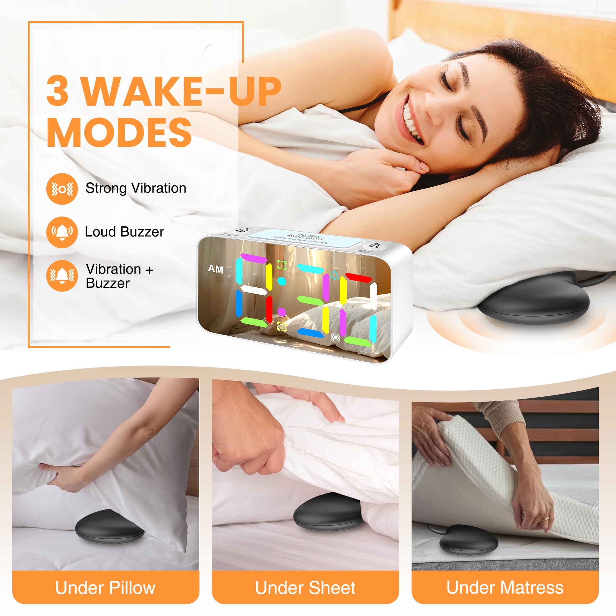 Loud Vibrating Alarm Clock with Bed Shaker for Heavy Sleepers Adult Hearing Impaired Kids Bedroom, 2 Alarms Digital Clock 15 RGB Colors/7'' Large Mirror Display, Nightlight,USB Charger,Battery Backup