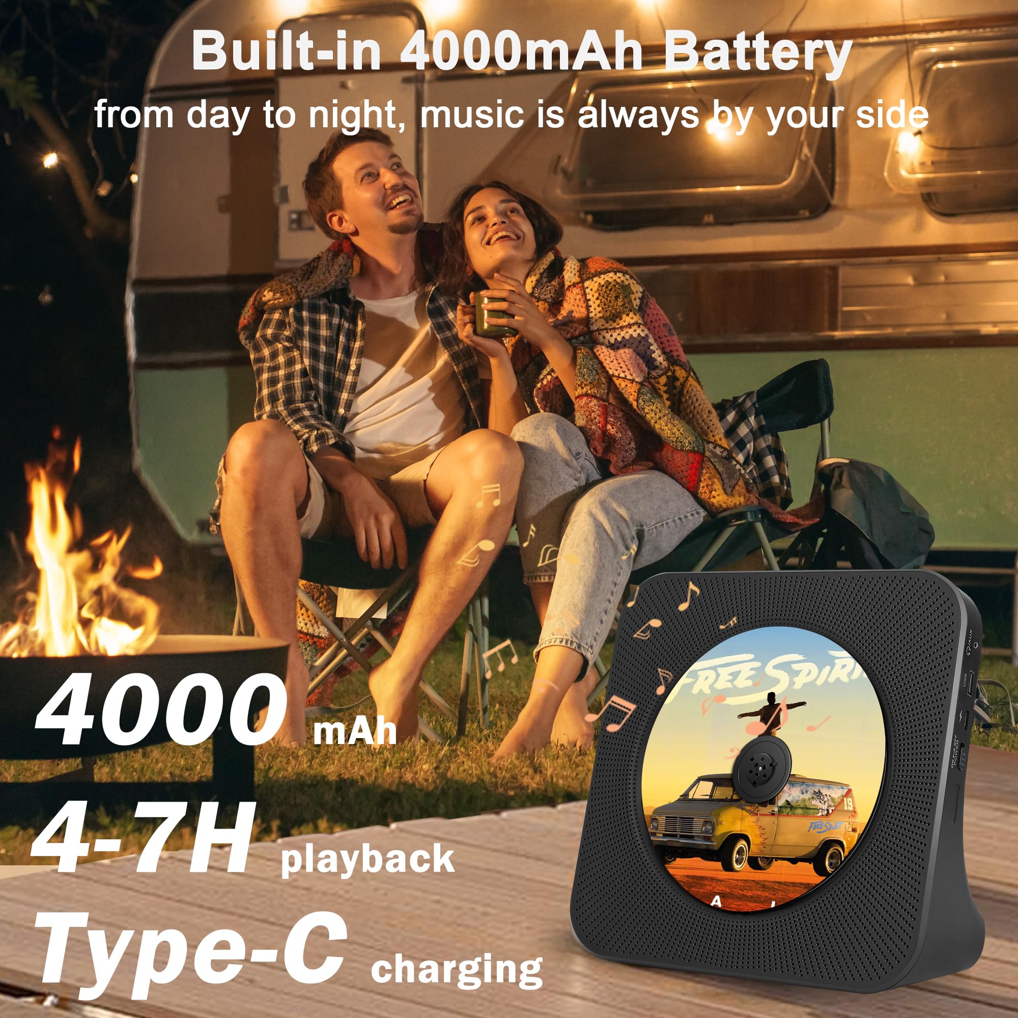 Lecteur CD Portable Bluetooth, 4000mAh Rechargeable pour Voiture, Poste CD HiFi avec télécommande, Connexion USB et AUX, FM Radio, CDs, Noir