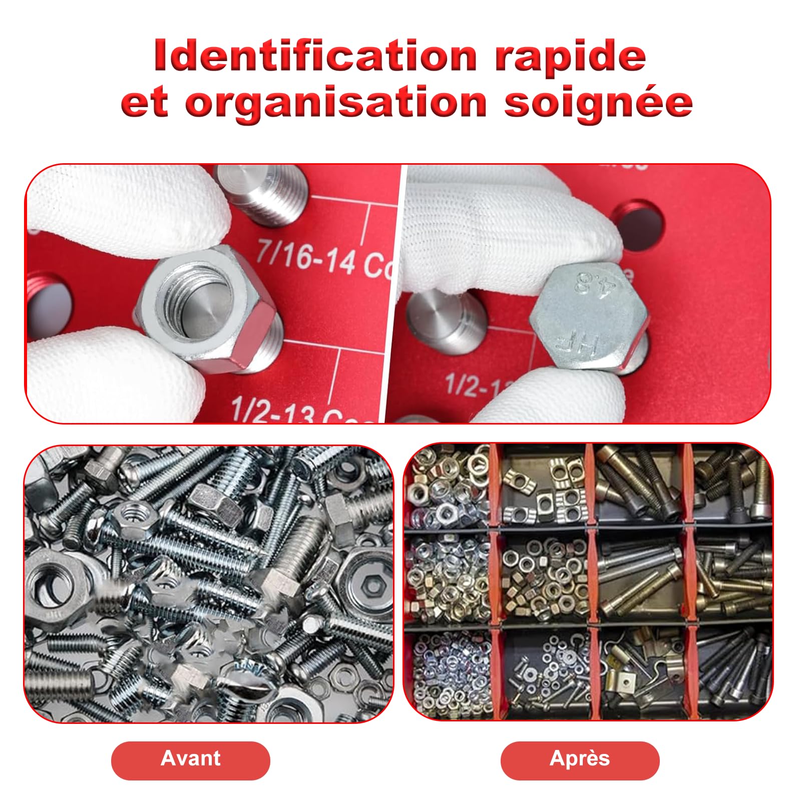 Jauge de filetage 44 trous - Testeur de filetage 4 en 1 en alliage d'aluminium avec filetage métrique et impérial, pour mesurer les dimensions des écrous et des vis, mesurer la longueur et le diamètre