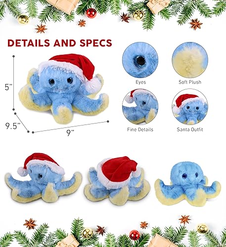 Miniatura 3 de DolliBu Peluche de pulpo azul de Papá Noel, peluche súper suave con sombrero rojo de Papá Noel, bonito regalo de vida oceánica, perfecto con la