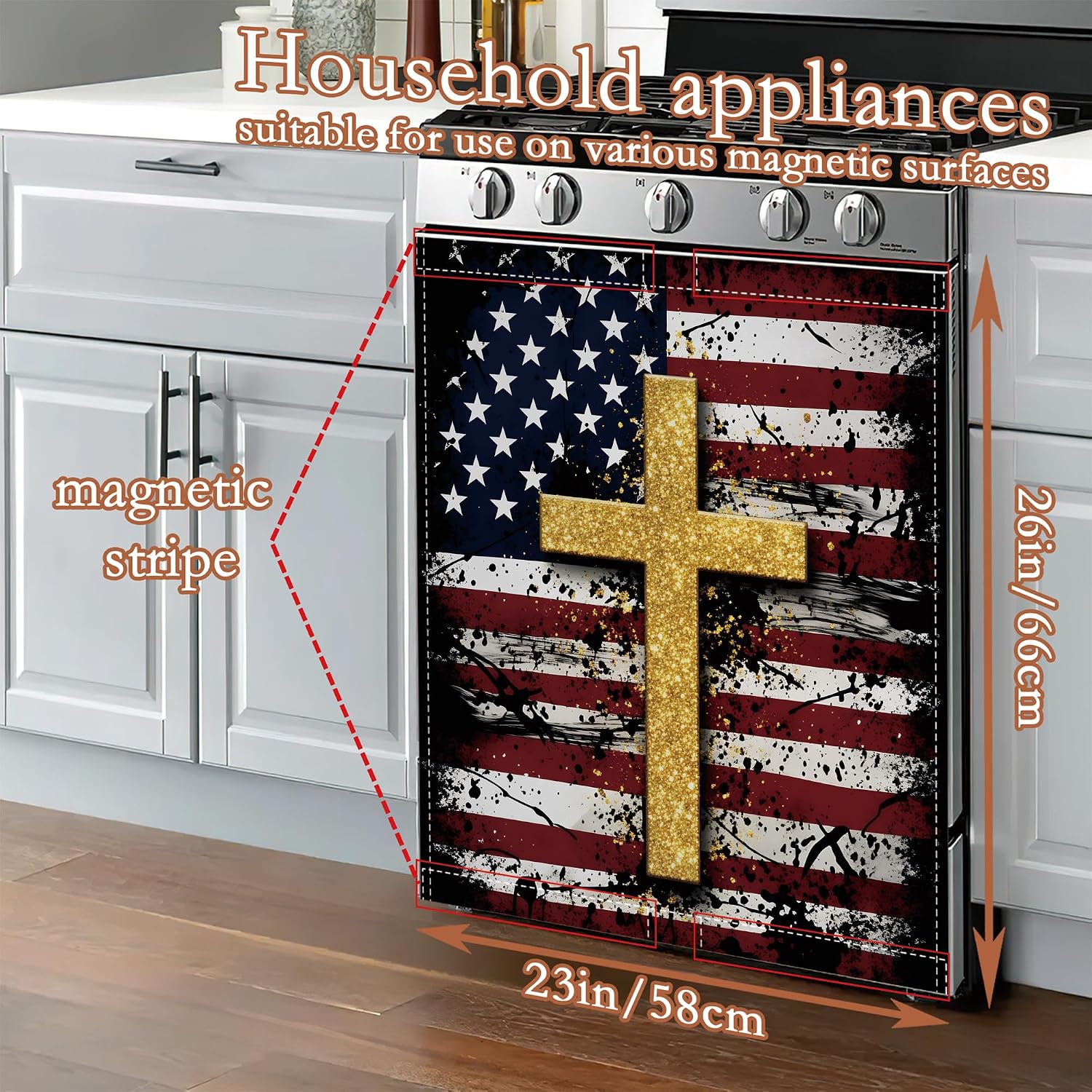Cross American Flag Dishwasher Cover Panel Magnetic,Vintage Patriotic Dishwasher Magnet Decorative Cover for Refrigerator Kitchen Home Decor Reusable Waterproof 23x26 Inch image 2