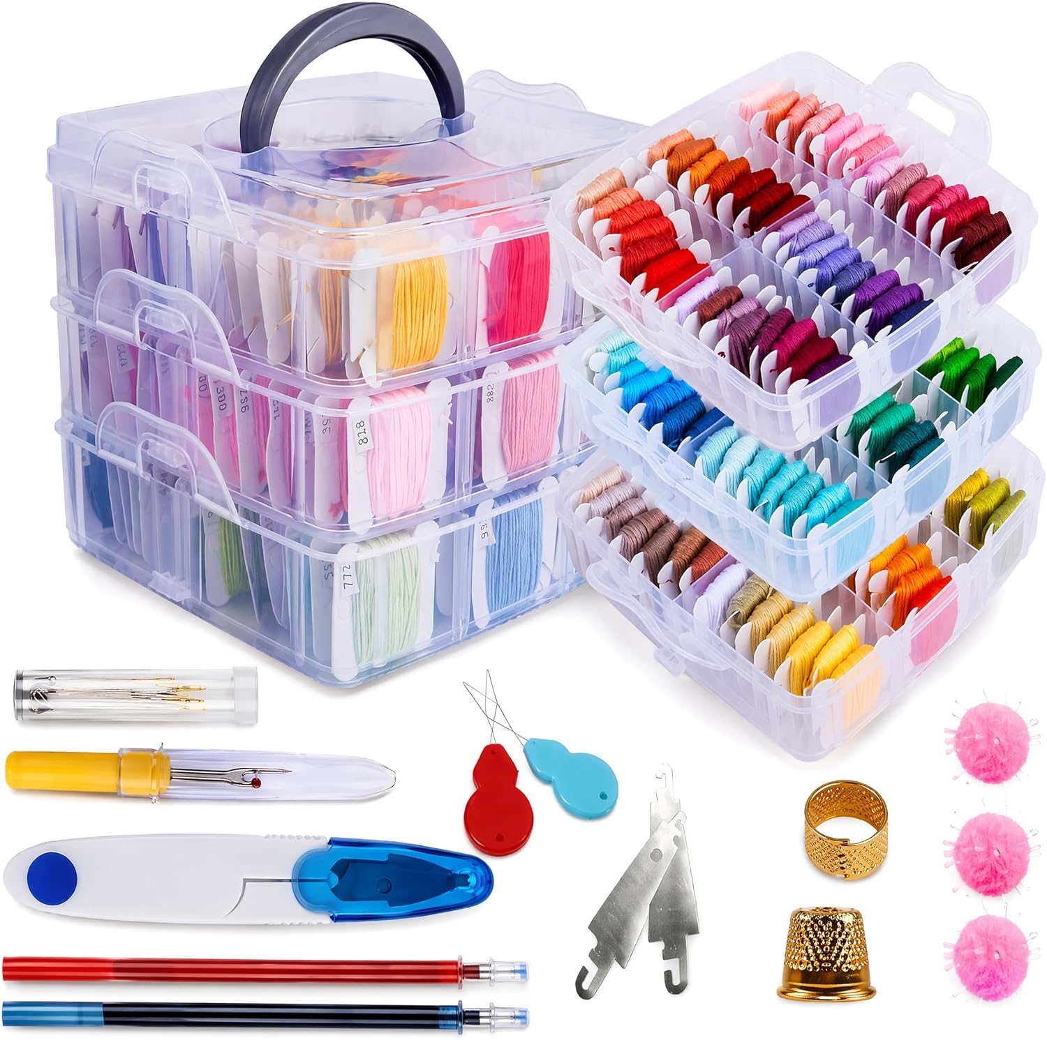 Huacan 194 Pcs Embroidery Thread Floss Kit Including 150 Colors 8 M/Pcs, 6-Strand Cotton Thread with 3-Tier Storage Box, Cross Stitch Thread Set with Tools