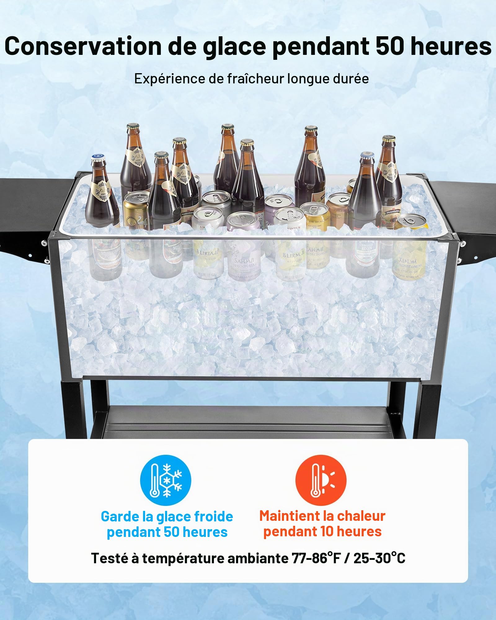 VEVOR Glacière à Roulettes Isotherme Contenance de 75,71 L 50 Bouteilles/110 Canettes, Chariot Bar Extérieur avec Étagère Inférieure, Étagères Latérales Pliables et Décapsuleur, pour Boissons Fraîches