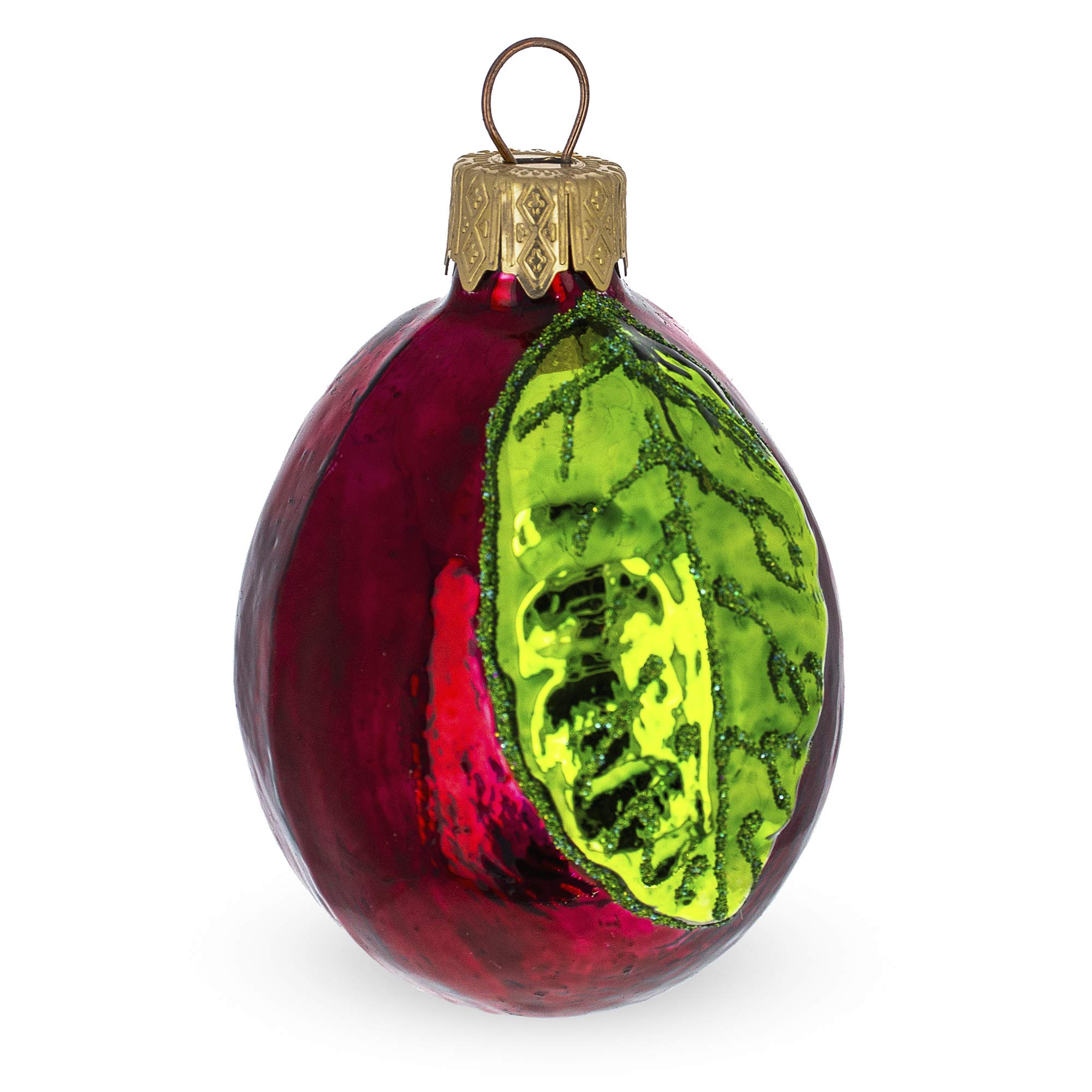 Plum with Shiny Leaf Glass Christmas Ornament BestPysanky idée cadeau de Noël