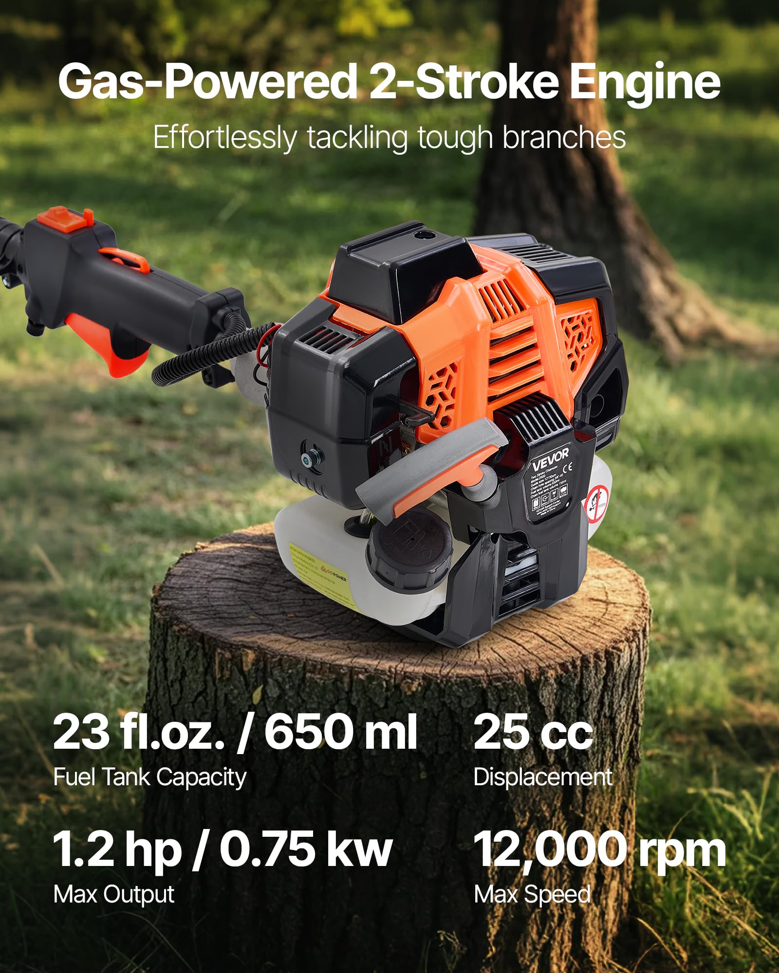 VEVOR Élagueuse Thermique sur Perche à 2 Temps, 25 cc, Élagueuse sans Fil à Essence, avec Perche Extensible 2,12-3,62 m, Guide-chaîne 30,5 cm, Réservoir de Carburant 650 ml, pour Élagage des Arbres