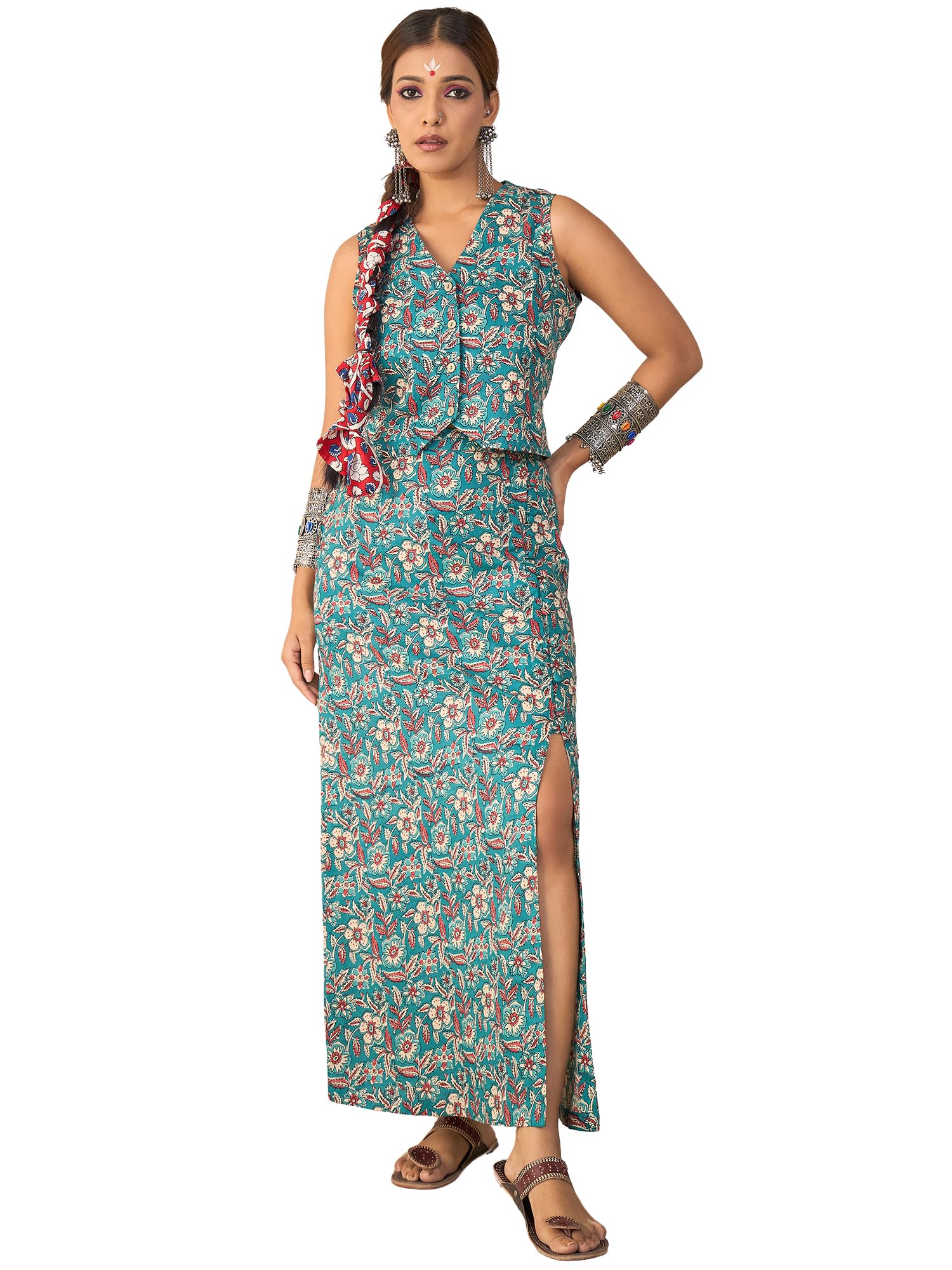 winered Women Blue Kalamkari Print Waistcoat with A-line Skirt-picture-16