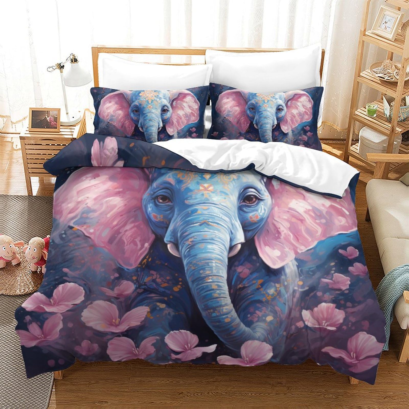 Housse de couette éléphant 3D 3pcs microfibre pour lit enfant ado 220x240