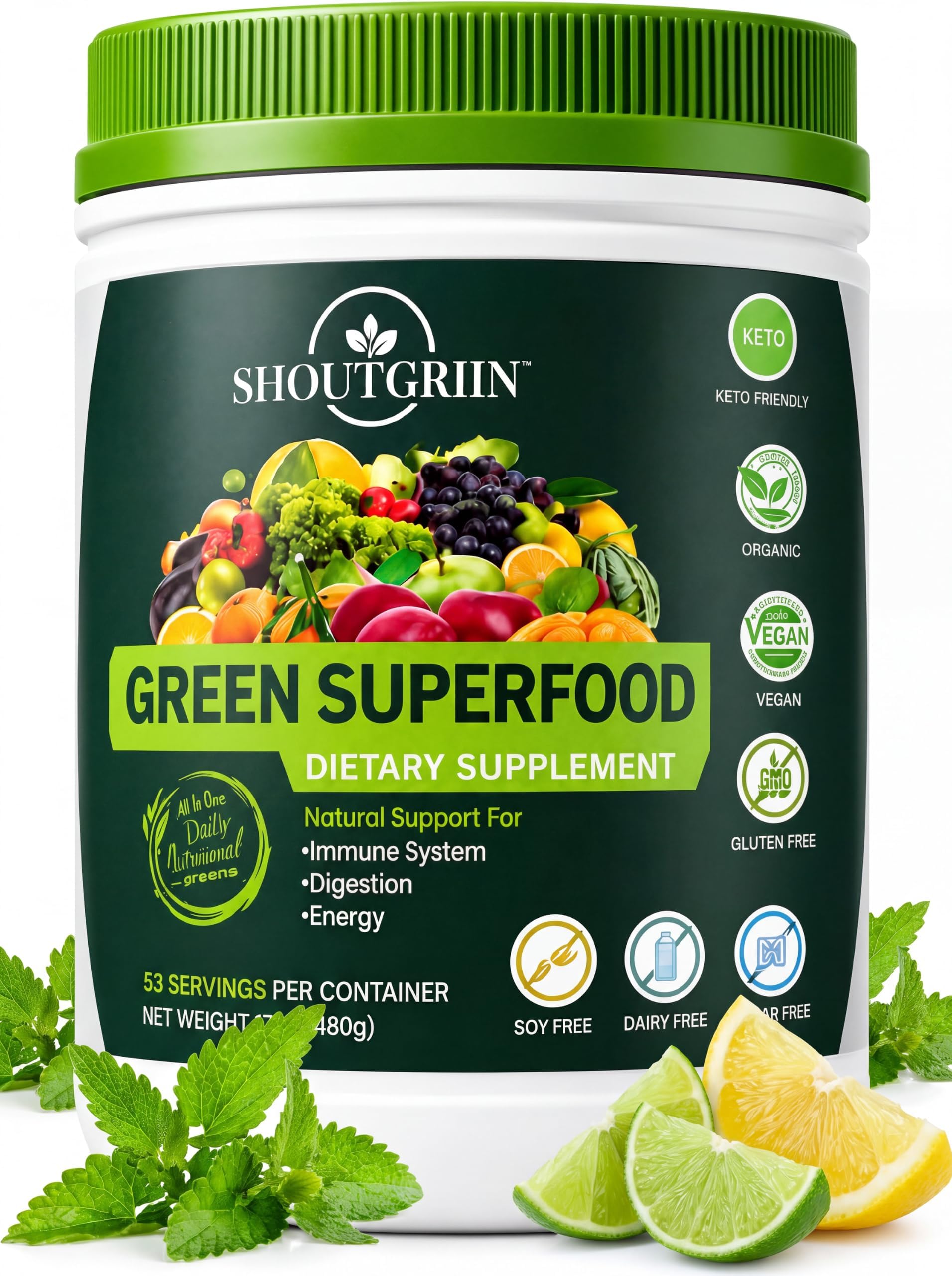 Greens Powder, Mint Citrus - 53 Servings Super Greens, 100 Billion CFU Probiotics, 7 Enzymes, 42 Superfoods, Spirulina & Chlorella for Gut Health, Energy, Bloating - Vegan, Keto, Sugar Free