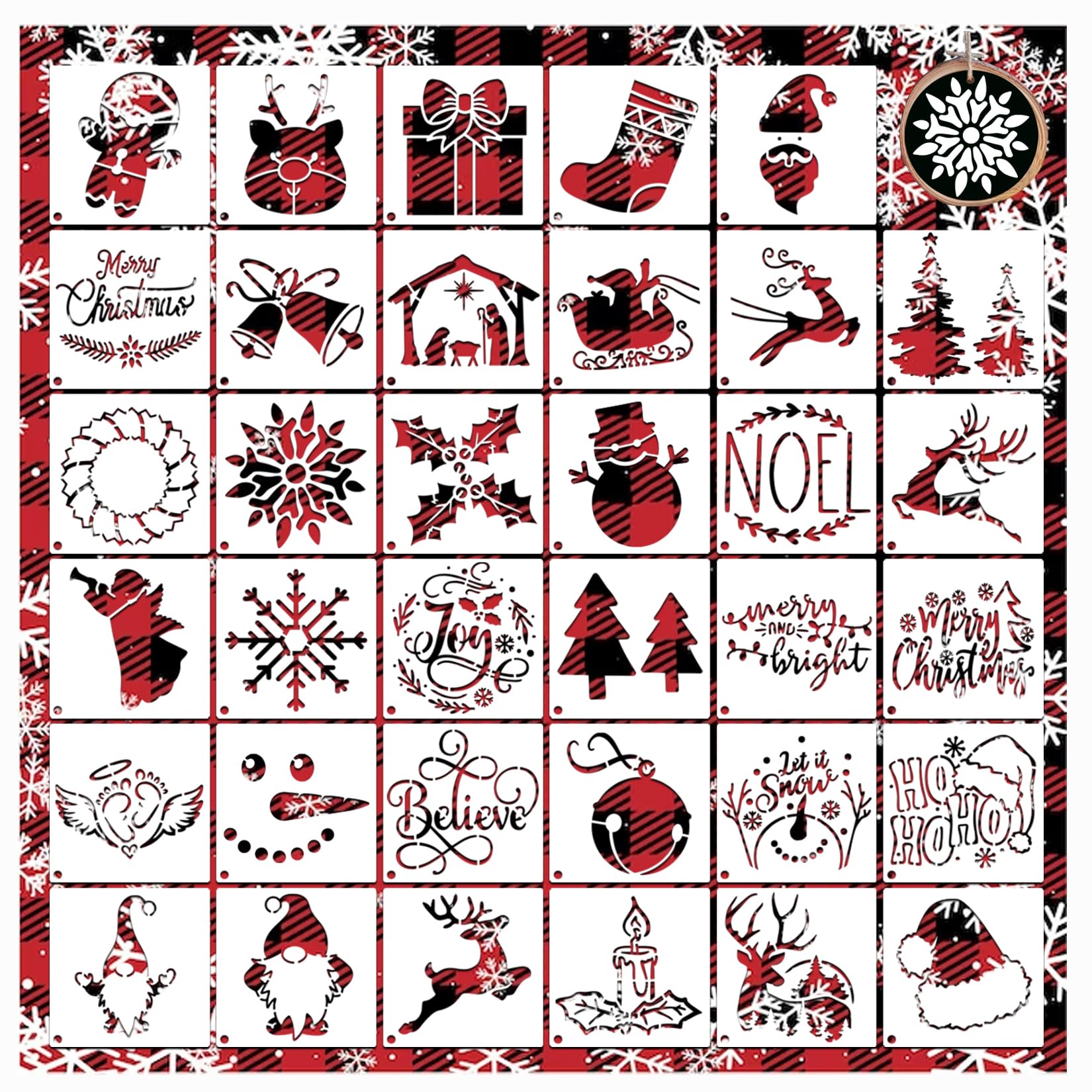 Small Christmas Stencils for Painting on Wood Reusable Winter Ornamen Snowflake Reindeer Stencil Holiday Snowman Face Stencils for Wood DIY Crafts Home Window Decor(Christmas Three)