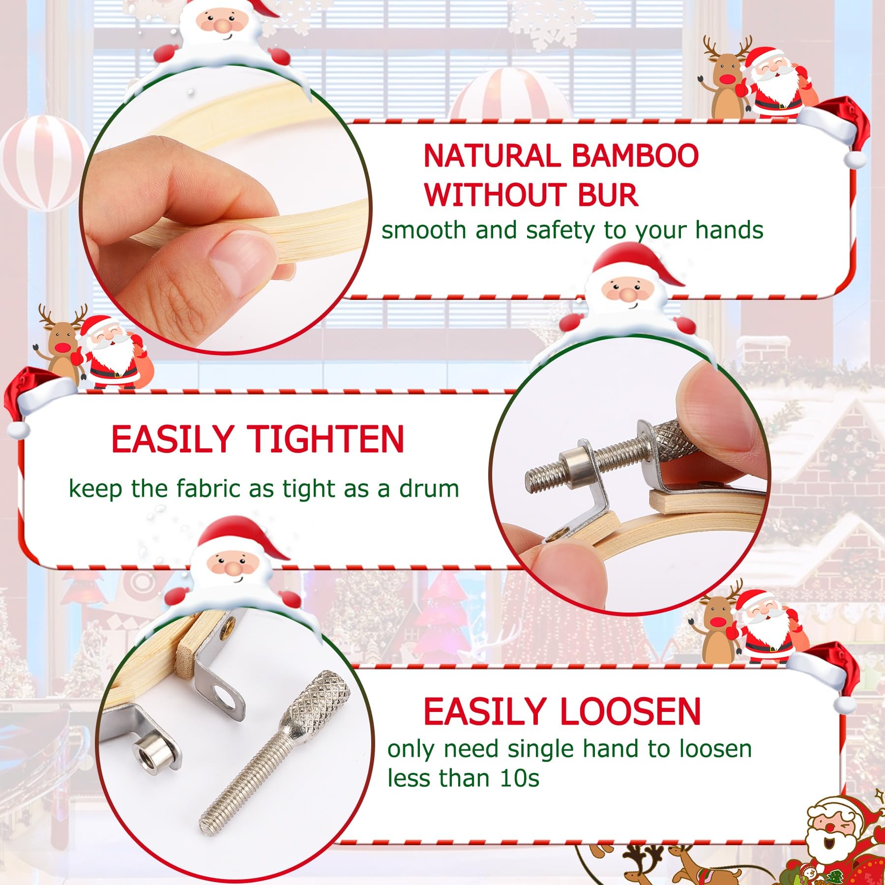 FEBSNOW 12 aros de bordado de 3 pulgadas ajustables, material natural, círculo de punto de cruz, aro redondo de madera a granel para manualidades, costura práctica y decoración de Navidad