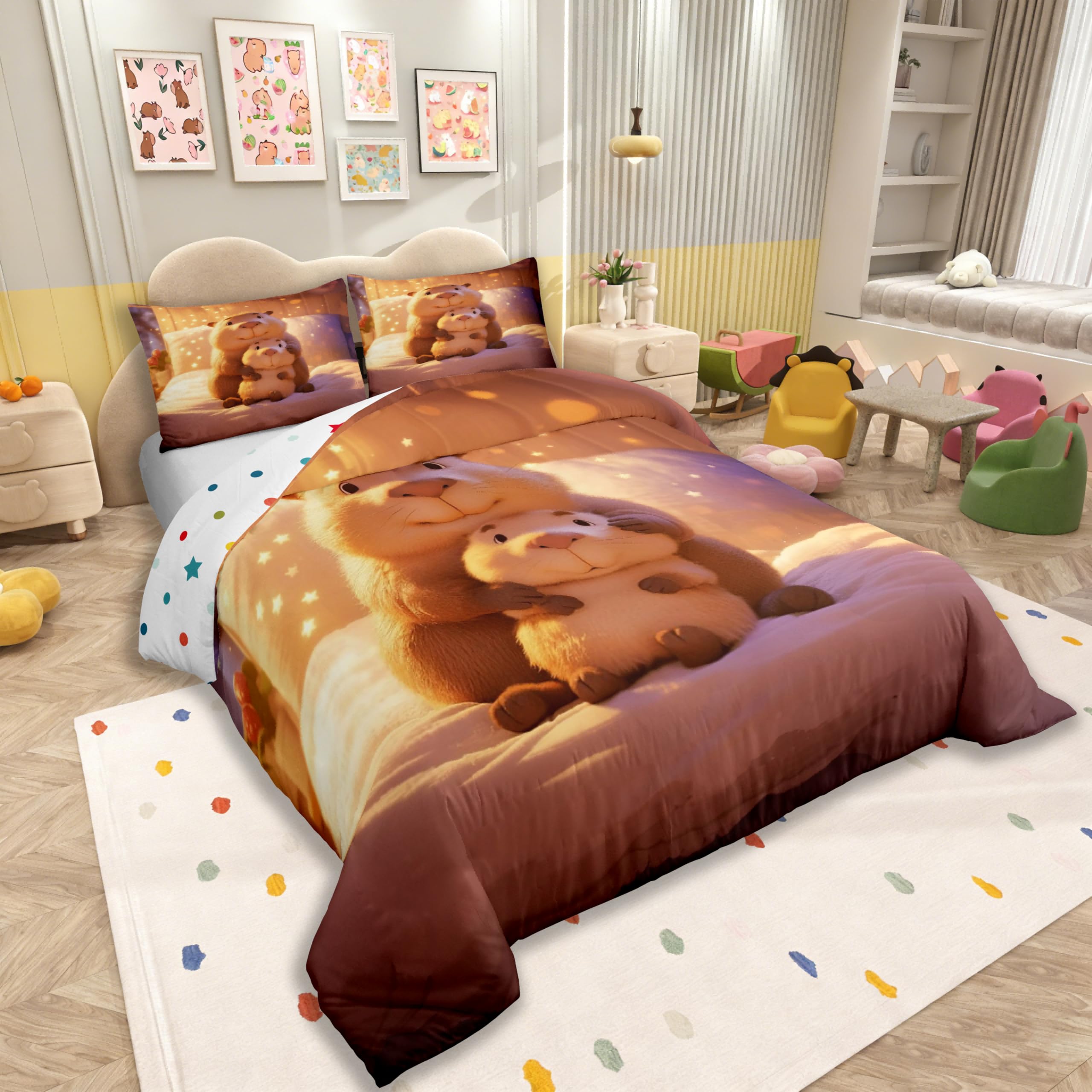 Homewish Cartoon Märchen Capybara Bettwäsche 155x220 3D Süßes Nagetier für Jungen Mädchen Bettbezug Märchenhafter Sternenhimmel Bettwäsche Set Capybara Mutter Kind Herzerwärmend Beruhigend Bedding