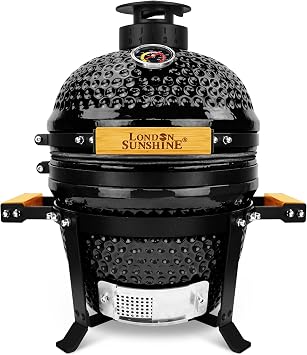 London Sunshine 13-Inch Ceramic Kamado Grill, Waterproof Vent Cap, Black | Portable Charcoal Grill with Stainless Steel Grate for Patio & Outdoor