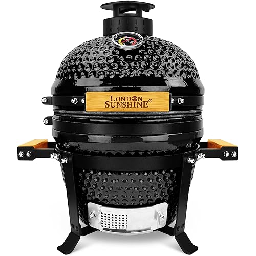Upgraded 13 inch Ceramic Kamado Grill with Waterproof Air Vent Cap | Portable Tabletop Charcoal BBQ Grill Smoker for Outdoor Cooking, Patio, Camping | Black