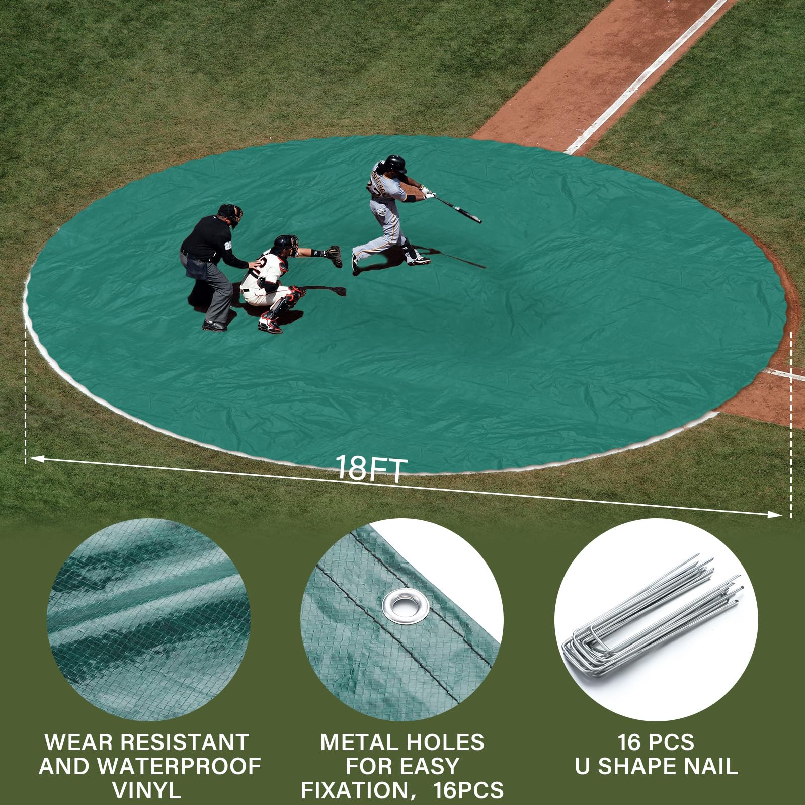 Seenelling 18ft Portable Pitching Mounds for Baseball Sports Spot Round Rain Cover Pitching Mound Baseball Plates for Field with 16 Pcs u Shape Ground Nail for Baseball Field Protect(Green)