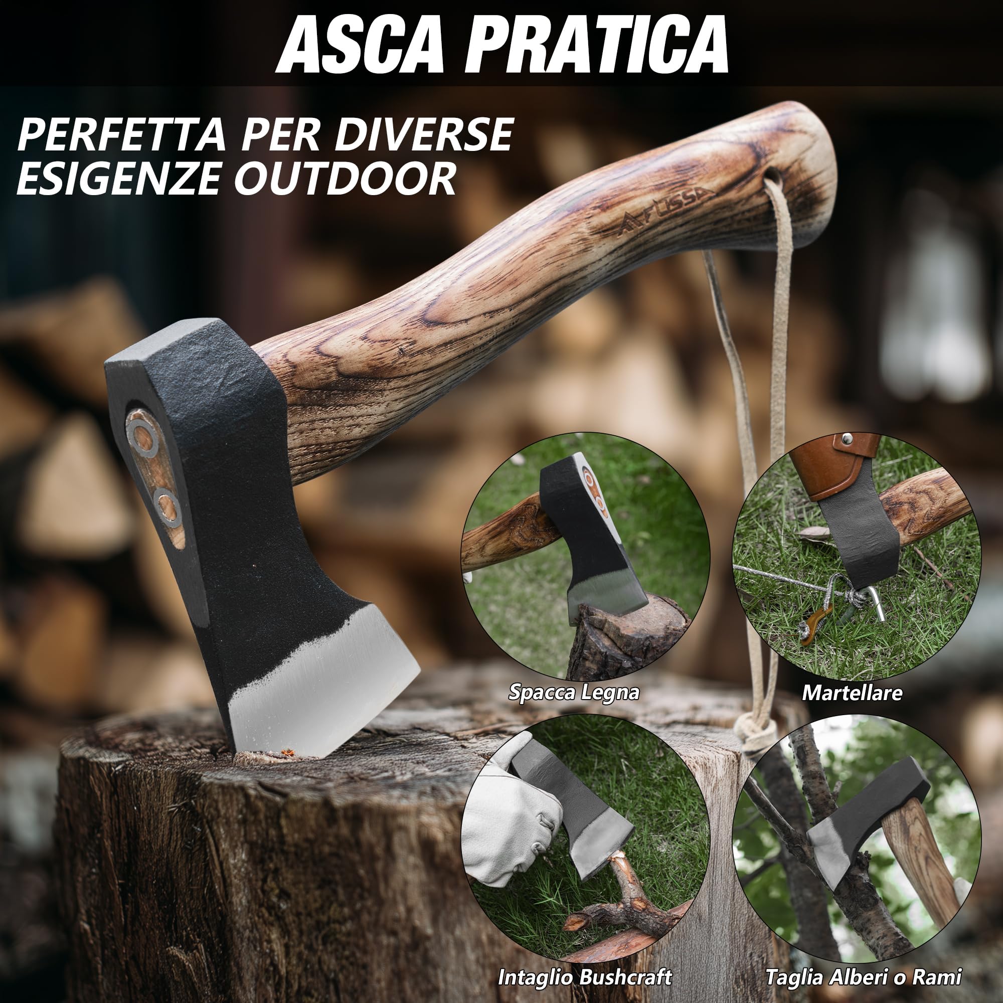 FLISSA Ascia Outdoor Con Manico In Legno E Fodero In Pelle, 690 G – Ascia Compatta Da Campeggio Da 310 Mm Per Giardinaggio, Escursionismo E Outdoor