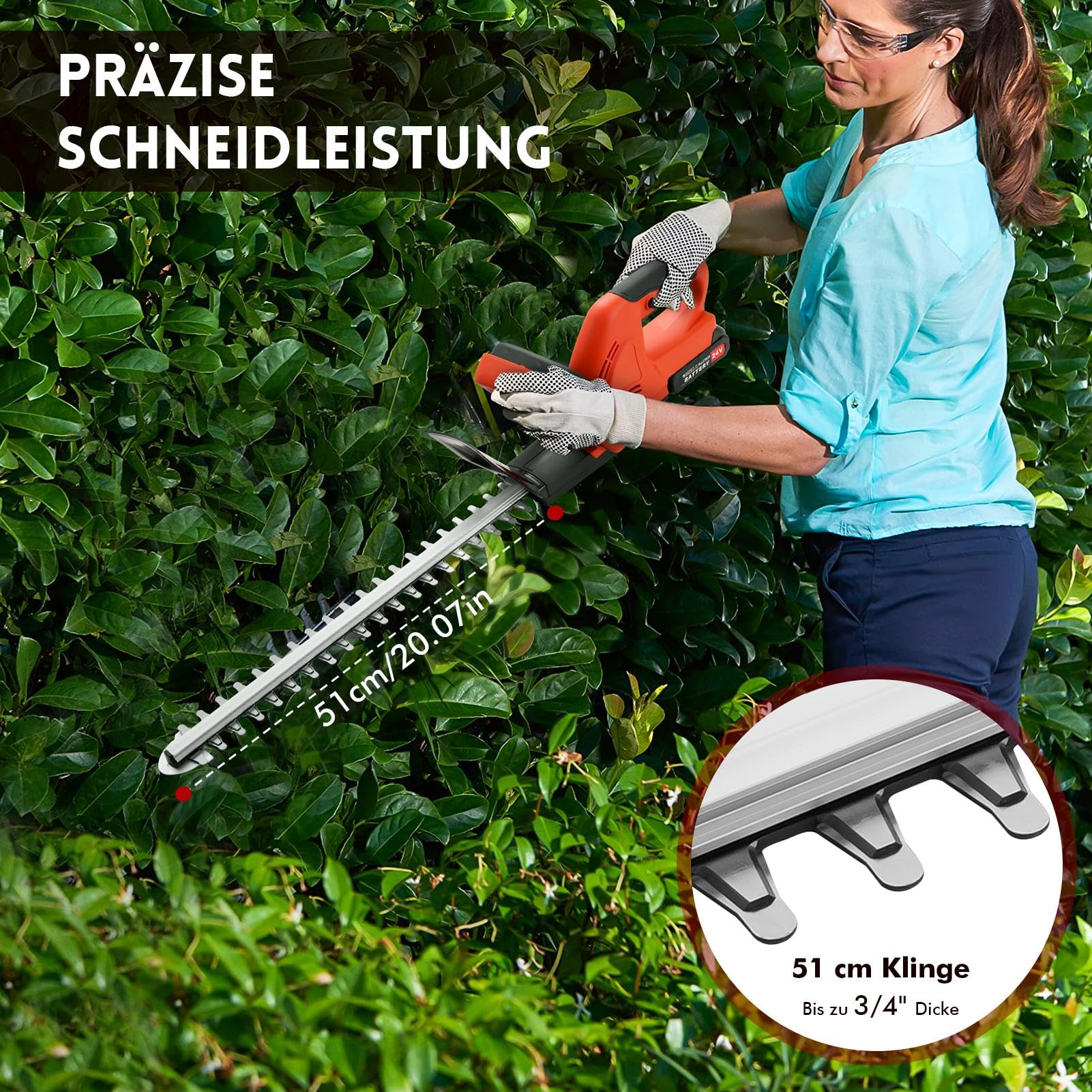 Akku Heckenschere 500W – 51cm Schnittlänge, 16mm Zahnabstand | Schneidet 2cm Äste leise & sauber | leistungsstarker bürstenloser Motor | Inkl. 2X 21V Akku & Ladegerät für Sträucher & Hecken