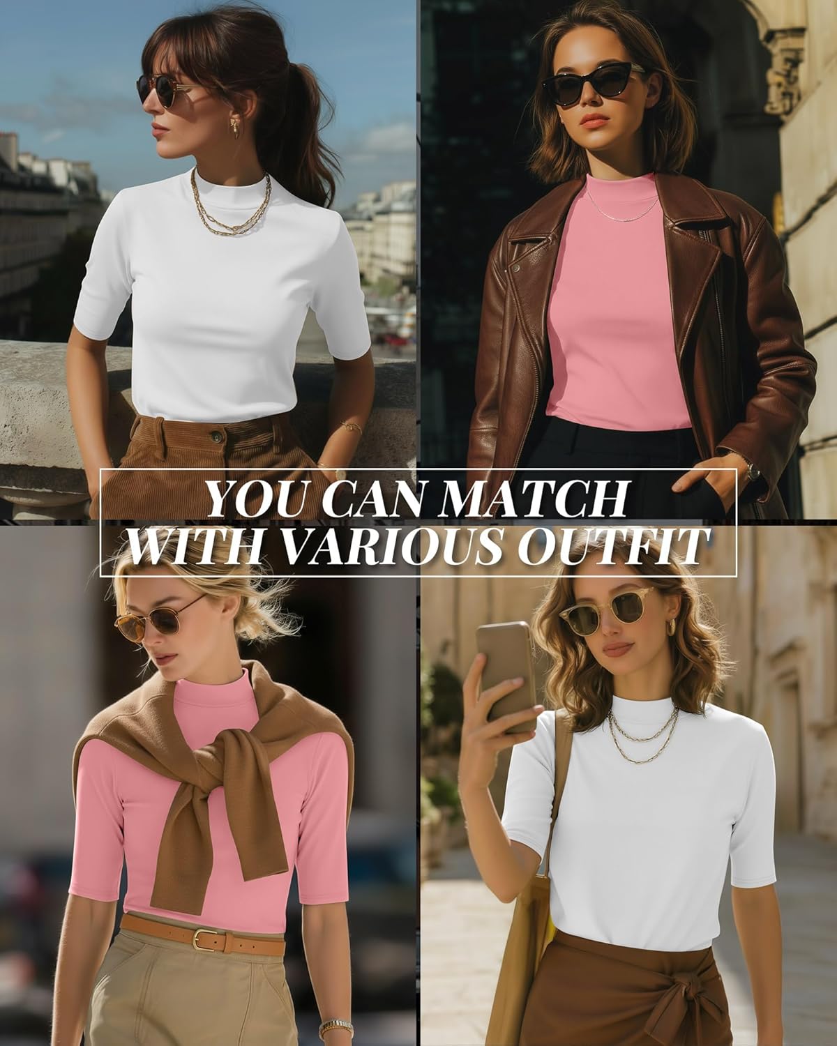 Ficerd 2 Pack Women's Mock Turtleneck T Shirts, Half Sleeve Business Casual Tunic Tops Slim Fit Summer Basic Dressy Tee Shirt - Image 2