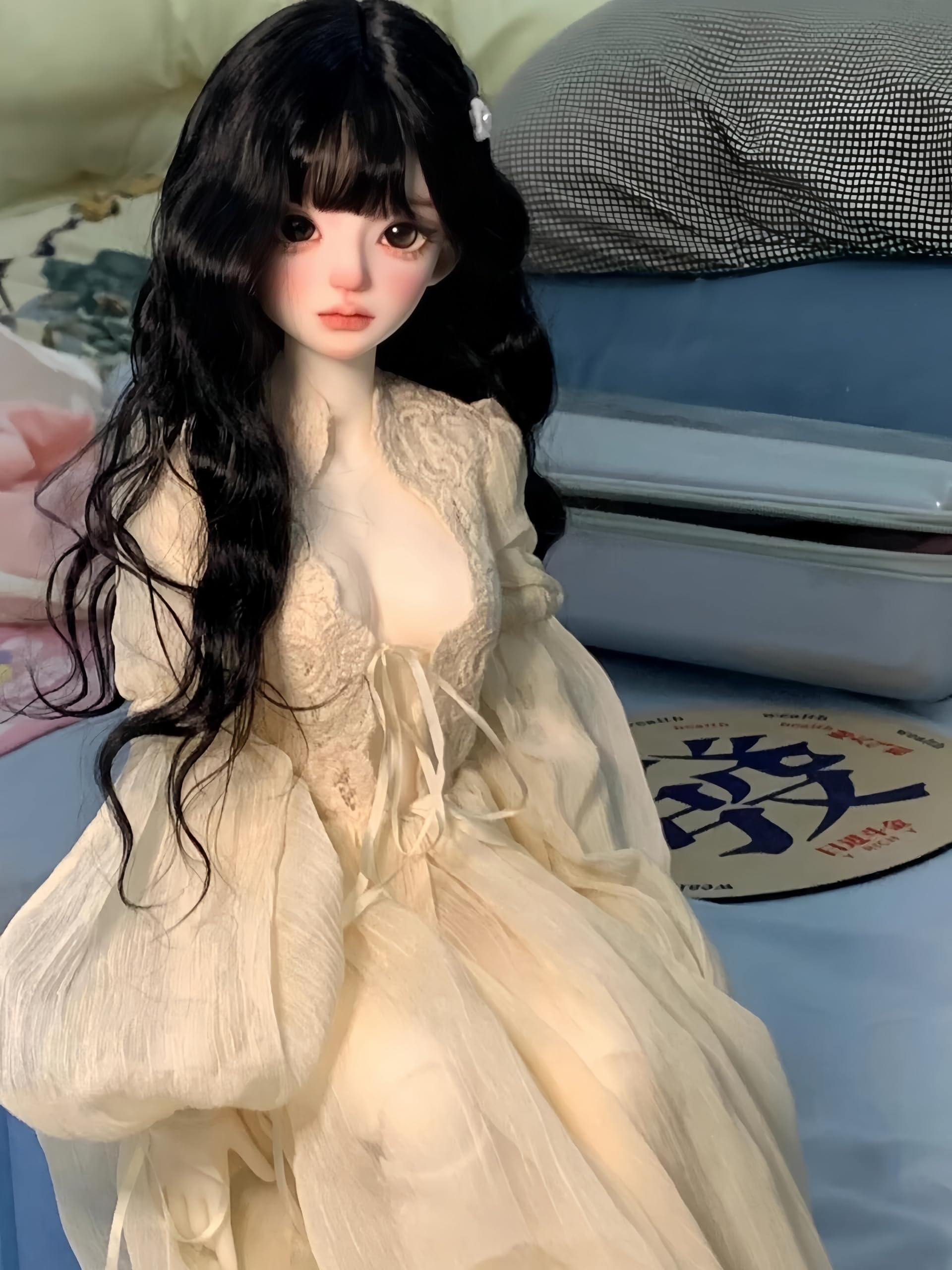 BJD - Parrucca per bambole, capelli lunghi e morbidi, capelli ricci naturali, capelli mossi, capelli lisci, per bambole BJD da 1/3 1/4 1/6 (capelli lisci neri 1/3)