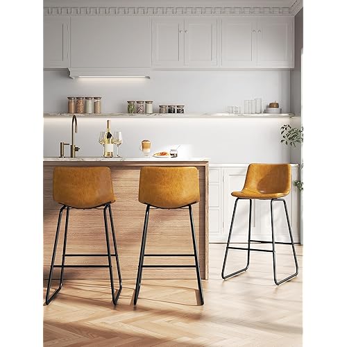 Bar Stools Set of 3, 26 Inches Counter Height Bar Stools with Back, Modern Faux Leather Barstools with Metal Legs and Footrest, Bar Chairs for Kitchens Island (Whiskey Brown)