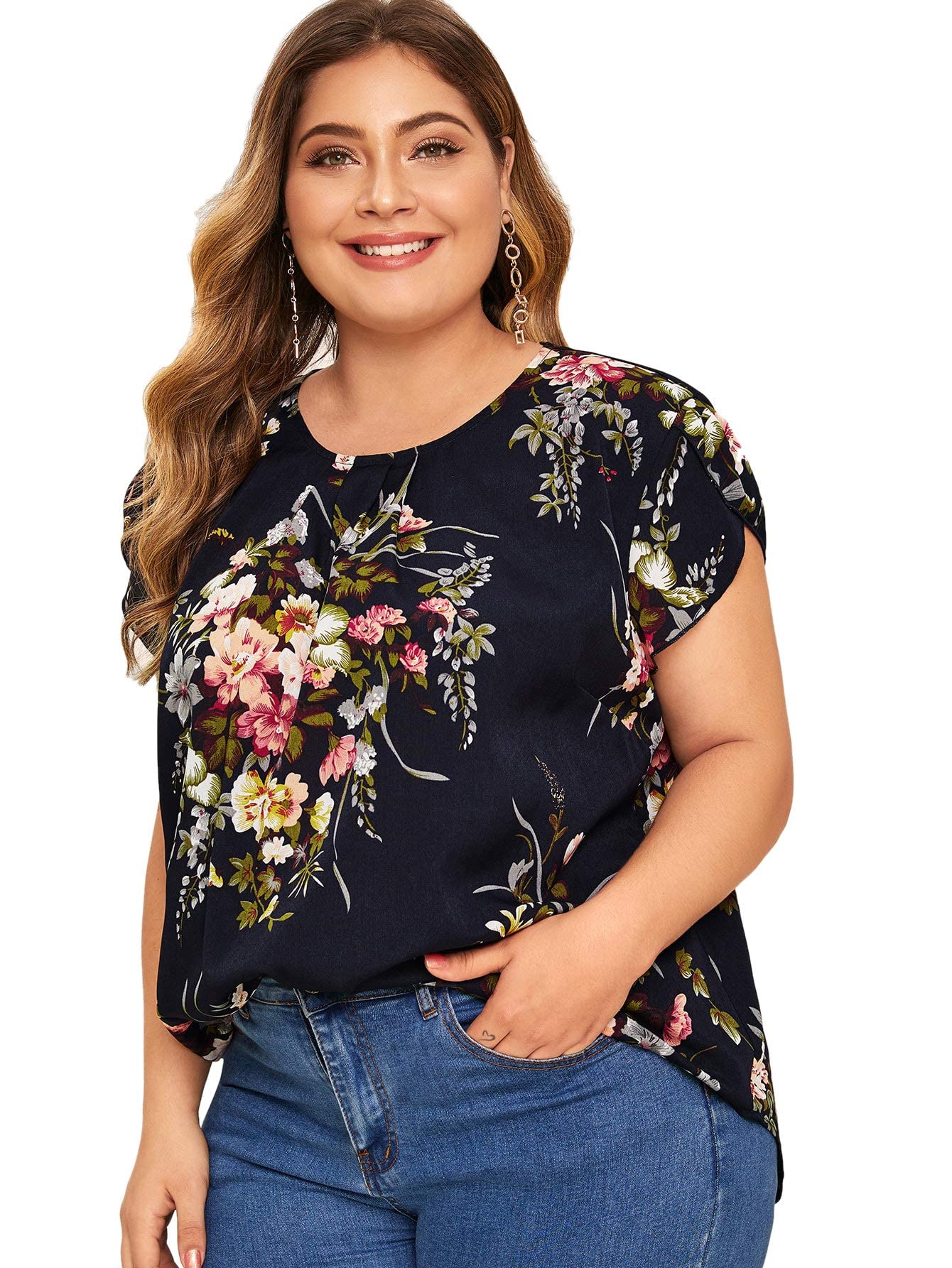 Floerns Women's Plus Size Floral Print Short Sleeve Summer Blouse Top Shirt