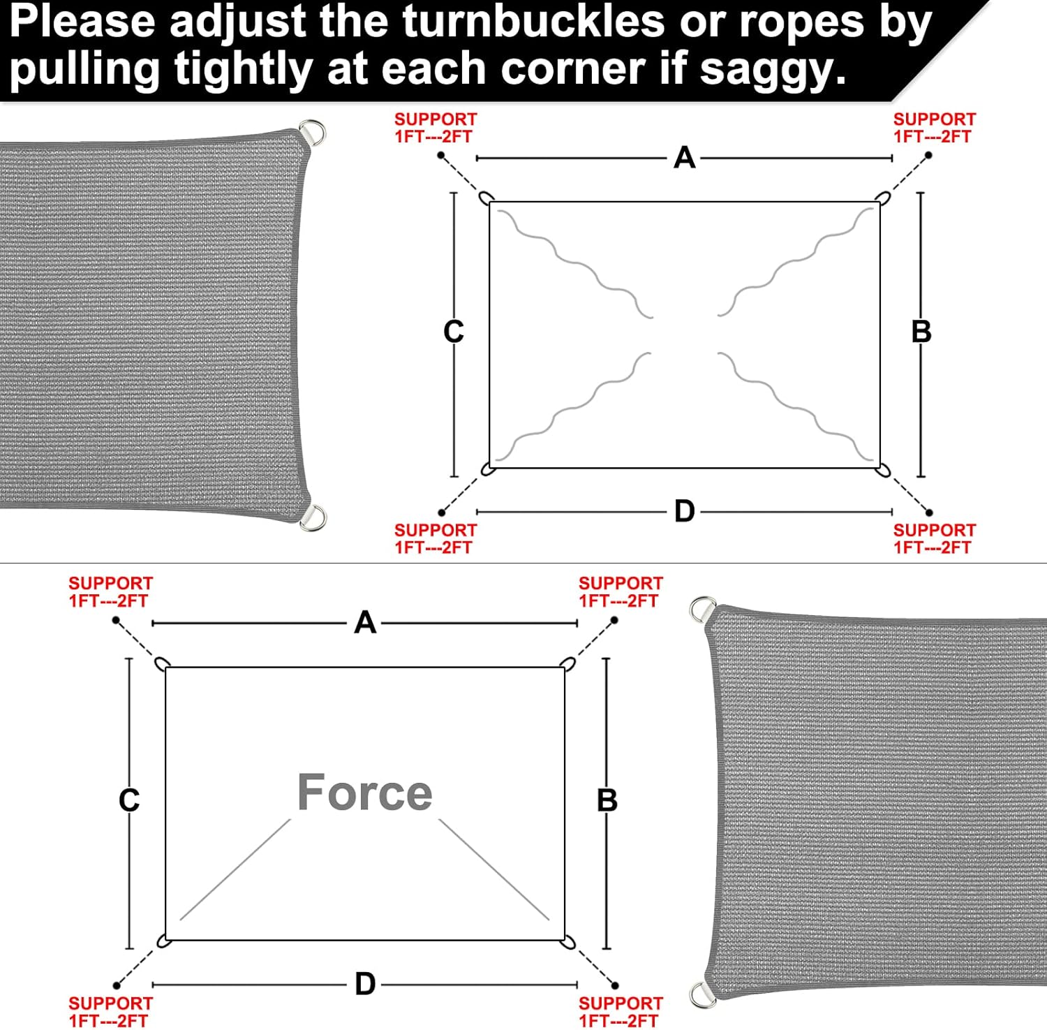 6' x 11' Gray Straight Edge Sun Shade Sail, Rectangle Awning Outdoor Shade Cloth Pergola Cover UV Block Fabric- Customized