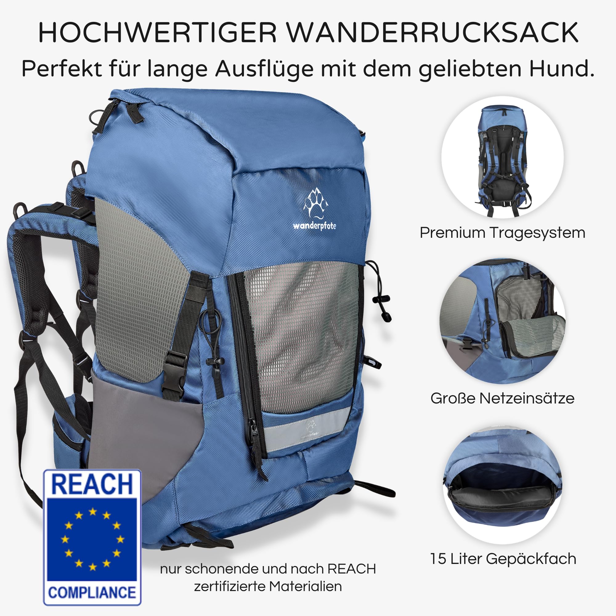 Trekking Hunderucksack bis 12kg zum Wandern - Größe M, Farbe Blau - Premium Rucksack mit Höhenverstellbarem Tragesystem und Stauraum für Gepäck