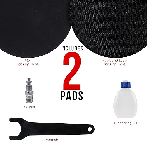 Miniatura 6 de TCP Global Lijadora de palma neumática profesional de doble acción de 5 pulgadas con almohadillas de respaldo PSA y gancho y bucle, lijadora de