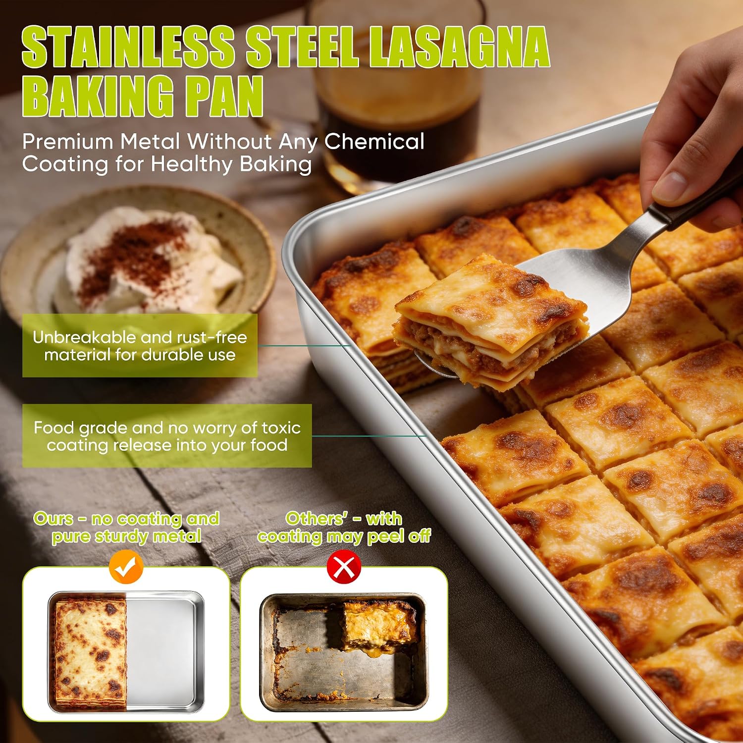 E-far Lasagna Pan with Lid, Stainless Steel Cake Baking Sheet Pan, 12⅓x9¾x2