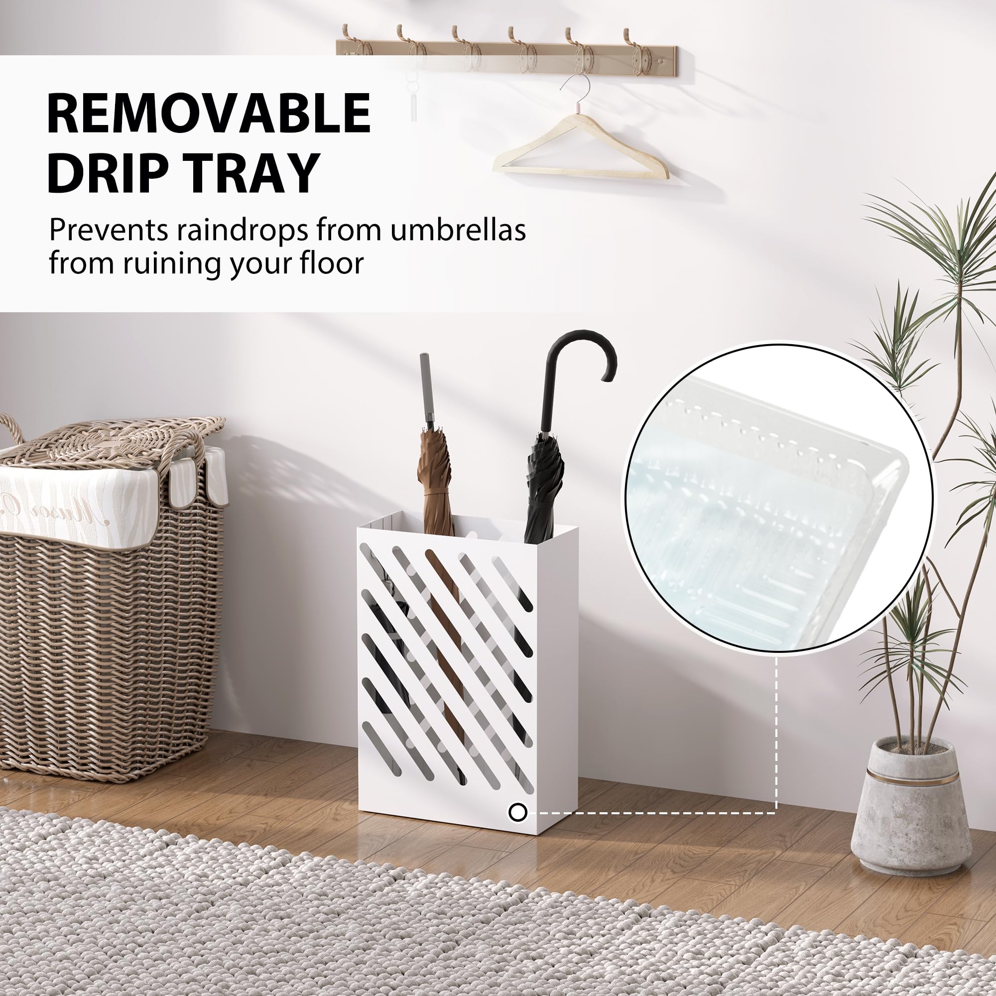 HOMCOM Paragüero de Acero Galvanizado Estrecho 4 Ganchos 28x14x41 cm Blanco | Soporte de Paraguas, Bandeja de Goteo Extraíble, Diseño de Cortes, Entrada, Pasillo, Oficina