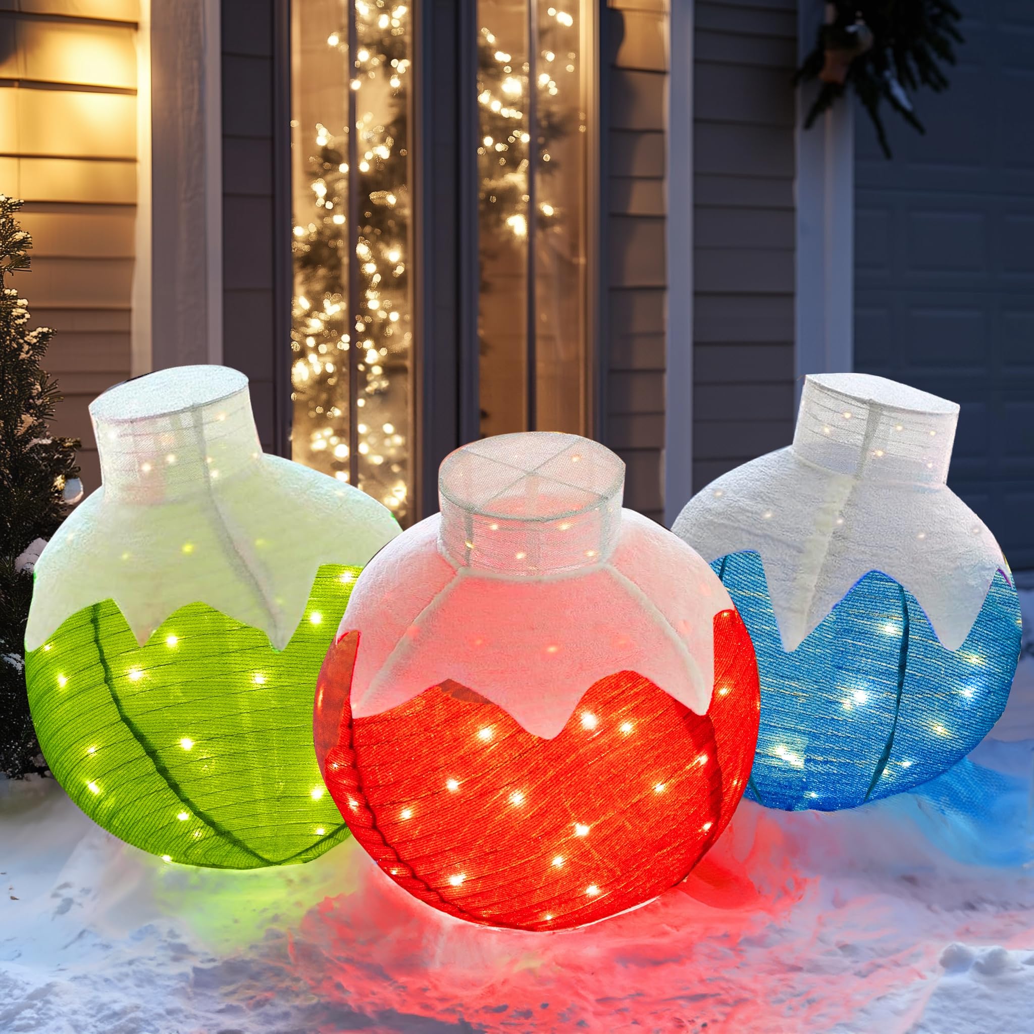 Dazzle Bright Christmas Ball Decorations, 3 Pcs Pre-Lit 270 LED Pop-Up Christmas Ball Set with Base, 8 Modes Lighted Collapsible Balls for Indoor Outdoor Garden Yard Party Xmas Decor