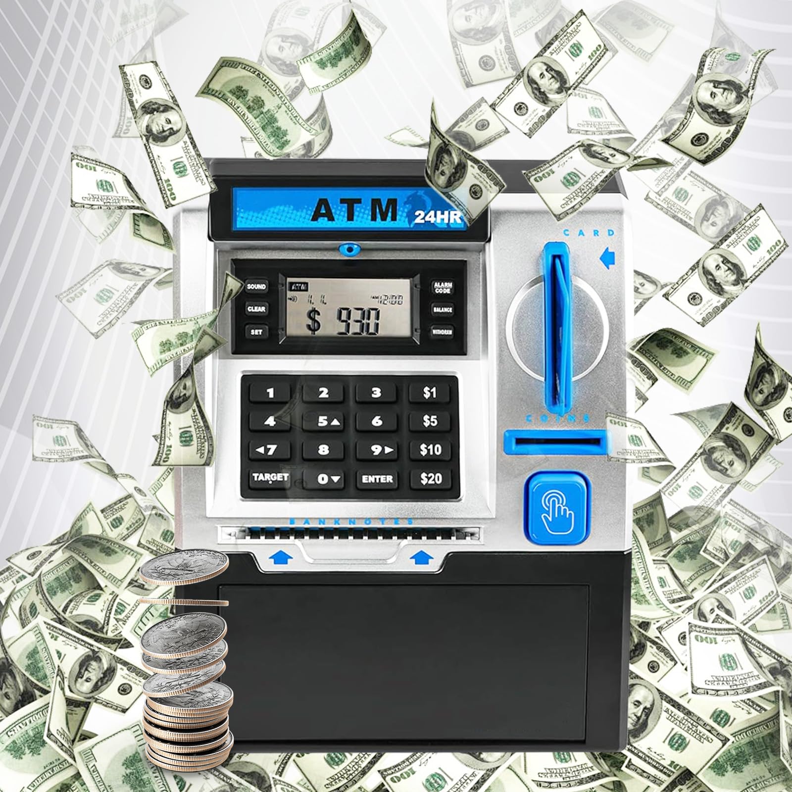 Salvadanaio Elettronico, Money Bank Cassa di Risparmio Versione EURO ATM Salvadanaio Elettronico Digitale ATM per Monete e Banconote Auto Scorrimento Carta Money Saving Box