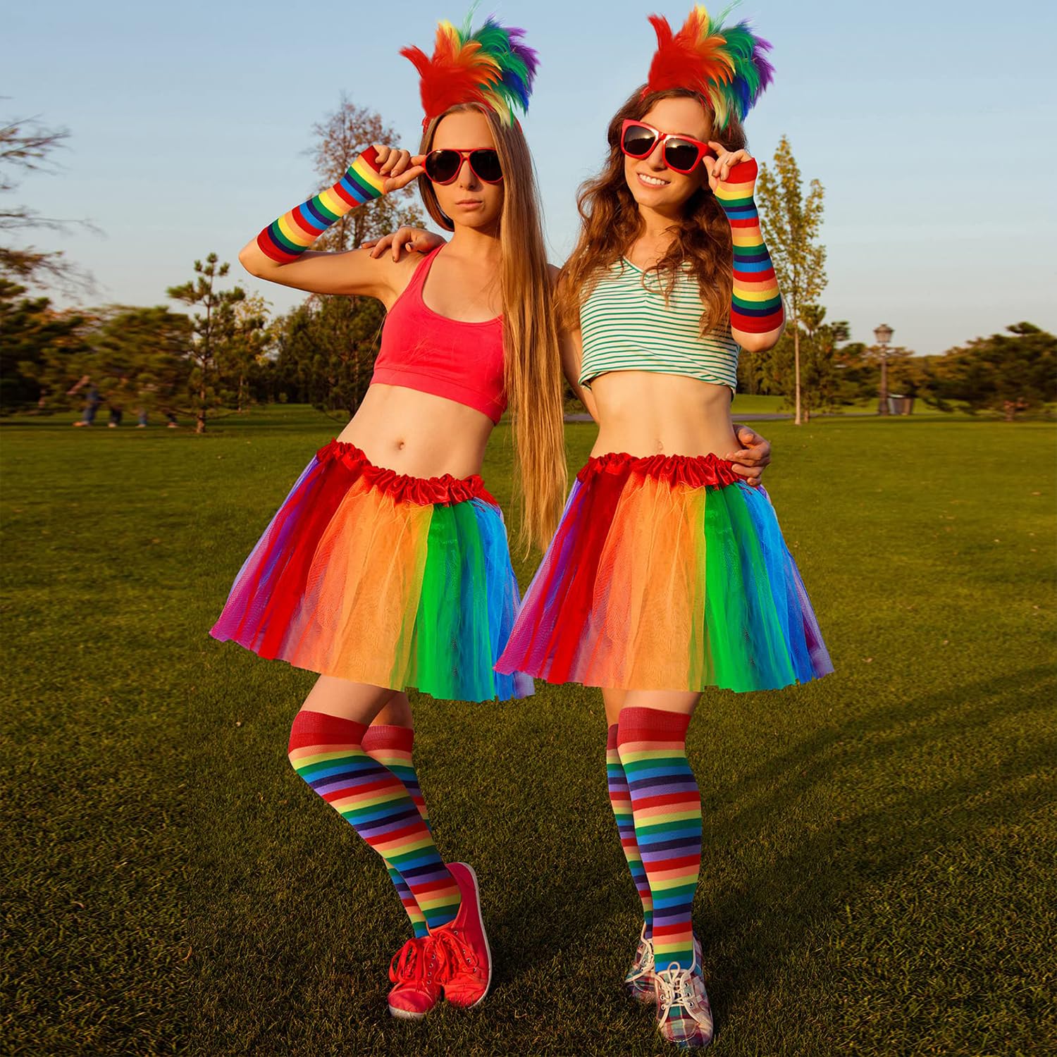 Gonna a tutù Arcobaleno da Donna,Tutu Arcobaleno Capelli con Piume Arcobaleno,Accessori da Donna Abbigliamento Neon Anni '80 Set,Gonna Tulle Donna per Festival,Carnevali,Gay Pride