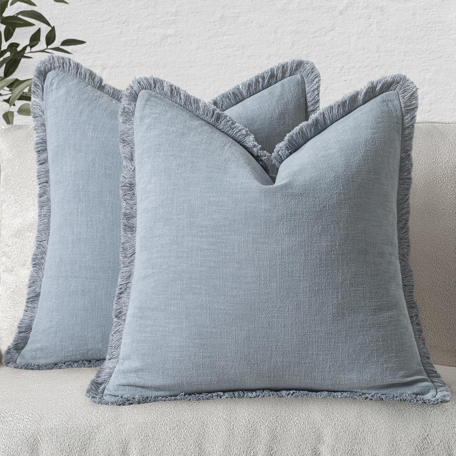 MIULEE Boho Linen Fringe Decorative Throw Pillow Covers Light Blue 18x18