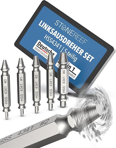 STONE REEF Schraubenausdreher Set 5-teilig [inkl. Vorbohrer] – Linksausdreher Set Profi, Ausdreher, Schrauben Ausdrehwerkzeug, Linksdreher Set,…