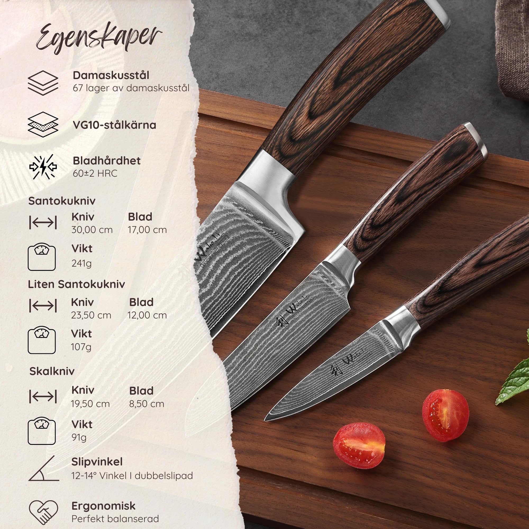 WAKOLI EDIB juego de 3 cuchillos de cocina de acero de damasco con núcleo VG10, hojas de 8,5 a 17 cm, 2 cuchillos Santoku y cuchillo de oficio, con bloque magnético de acacia y mangos de madera Pakka