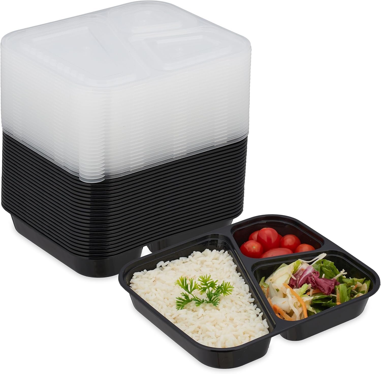 Relaxdays Meal Prep Containers, Set of 24, 3 Compartments, Microwave-Safe, BPA-Free, Reusable, Plastic Lunch Box, Black, 4 x 20 x 18 cm