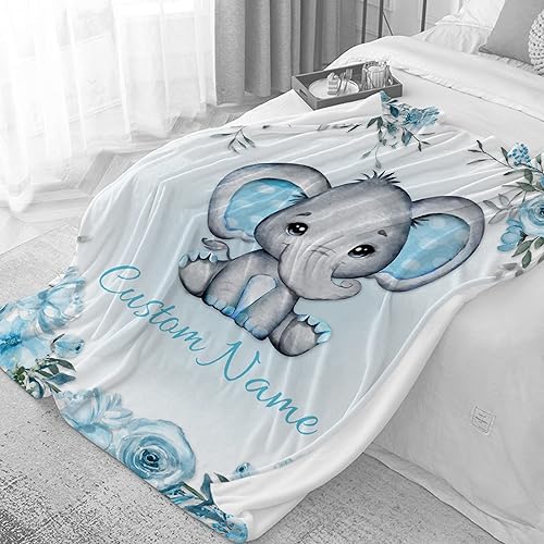 Miniatura 4 de Manta personalizada de elefante azul floral con nombre para niñas, manta con nombre personalizado para niños pequeños, regalos personalizados para