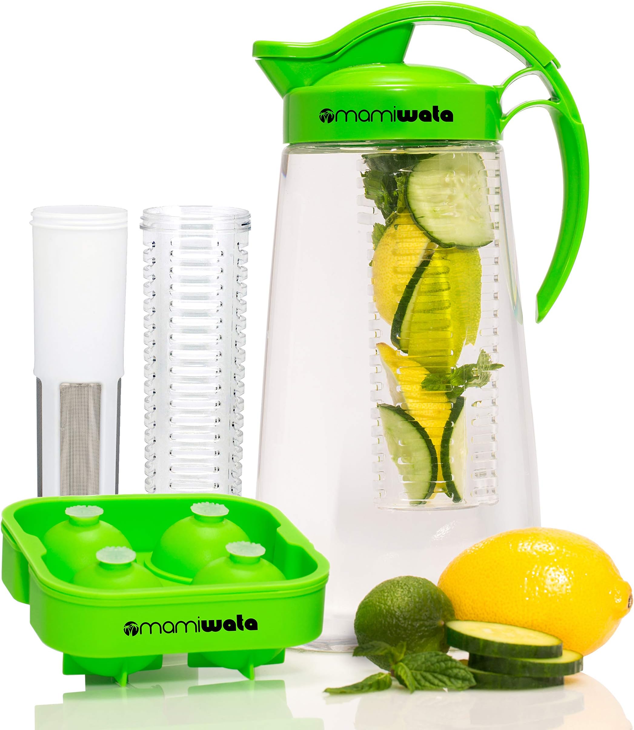 Fruit And Tea Infusion Water Pitcher - Ice Ball Maker - Infused Water Recipe eBook - Includes Shatterproof Jug, Fruit Infuser and Tea Infuser