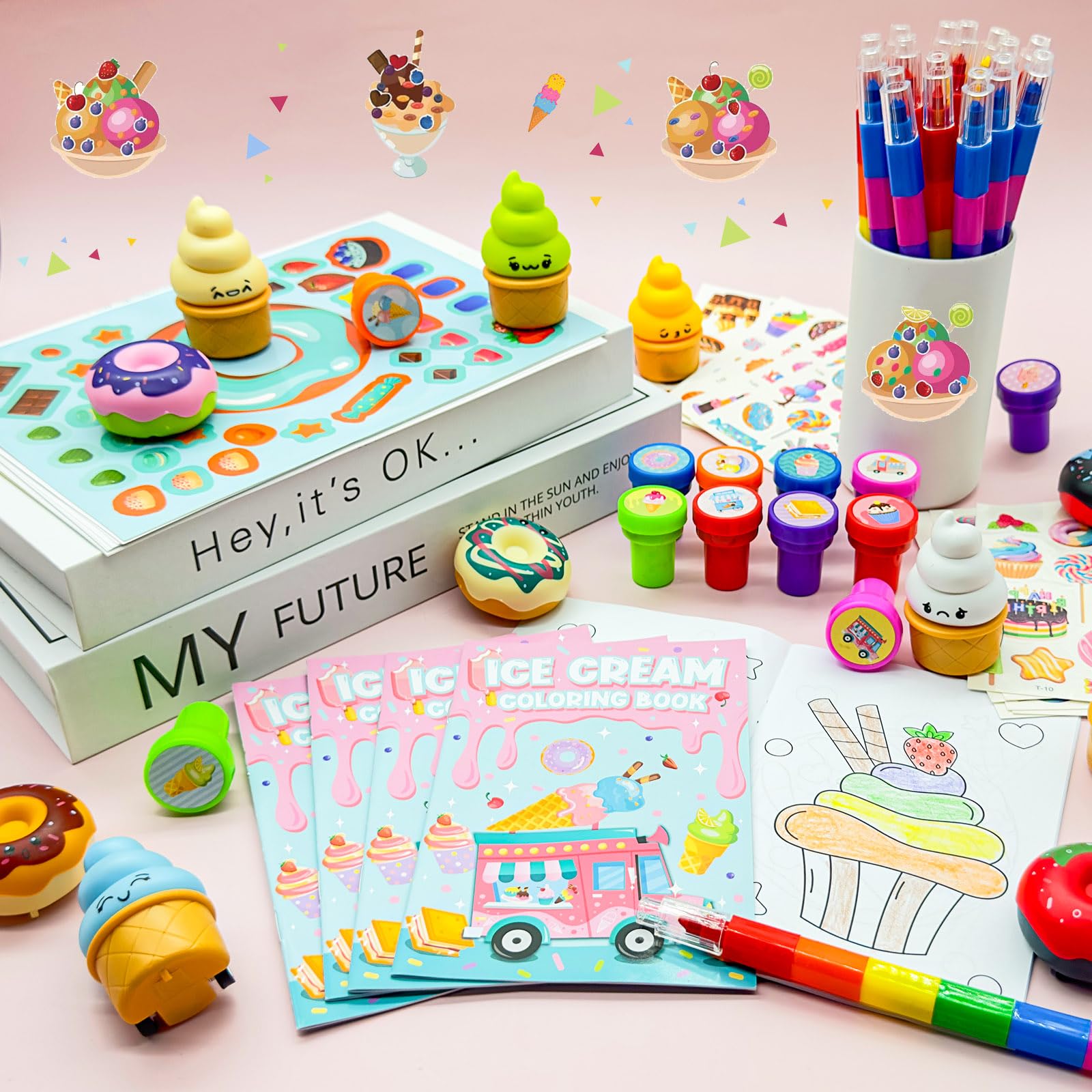 Cinrobiye 72 szt. Lody Party Favors Bulk Candyland Donut Birthday Goodie Bag Fillers, Sweet Candy Party Kolorowanki z tęczowymi kredkami, zestaw do majsterkowania na letnią imprezę, wymianę prezentów