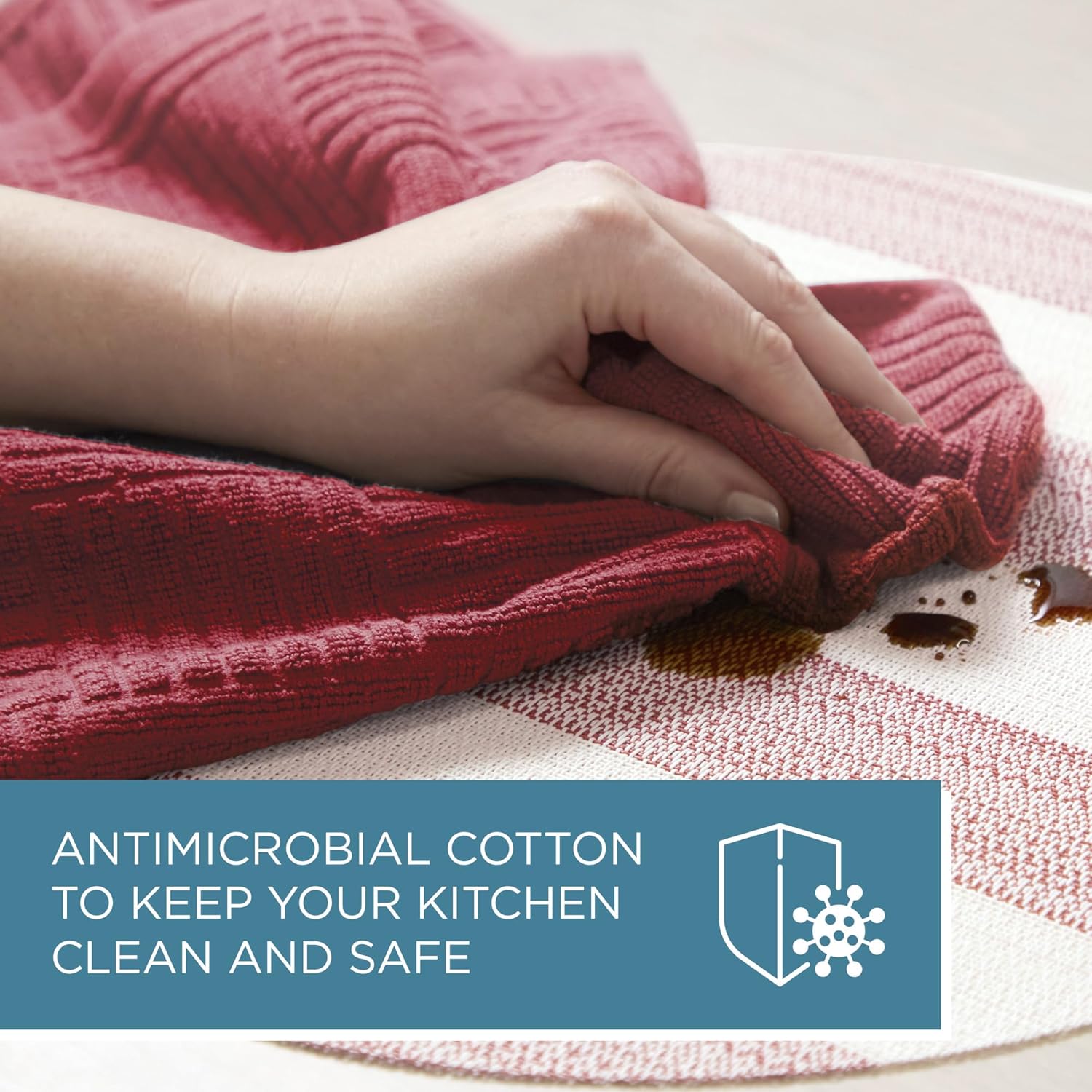 Town & Country Basics Basketweave Antimicrobial Terrycloth Kitchen Towel 4-Pack Set, Absorbent 100% Cotton, Machine Washable, Red, 16"x28"