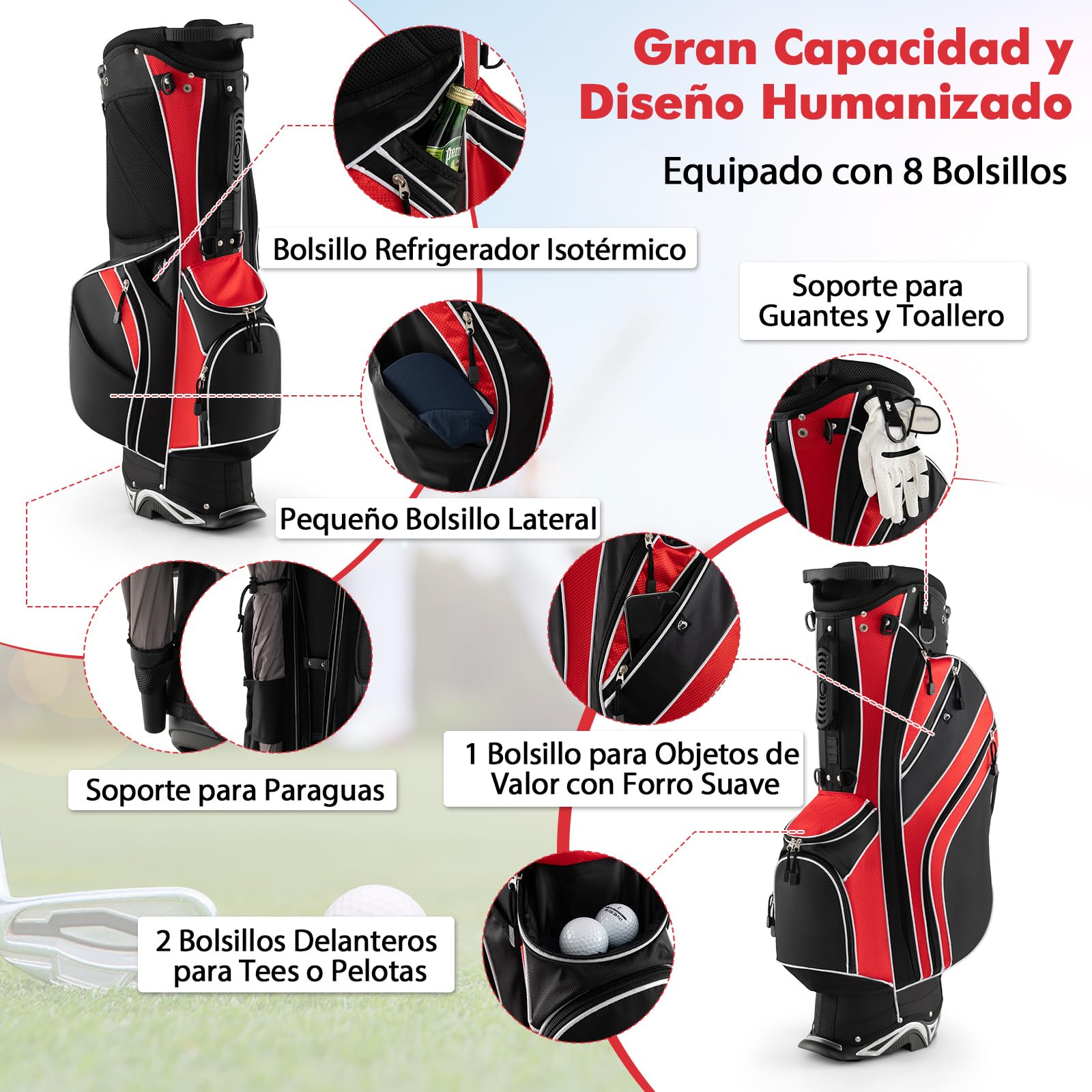 COSTWAY Bolsa de golf, Bolsa de Palos de Golf con 5 Divisores, 7 Bolsillos con Cremallera, Paragüero, Bolsa de Golf Ligera y Portátil con Correa para el Hombro (rojo)