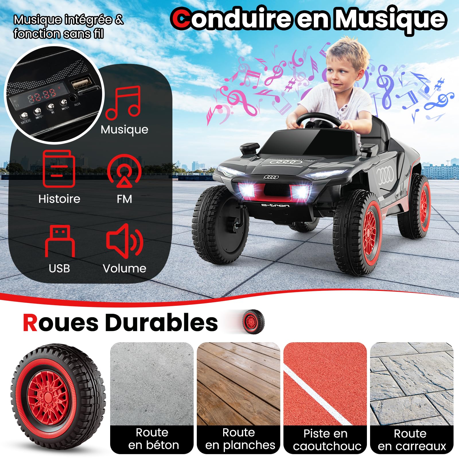 GOPLUS Voiture Electrique Enfants 12 V, Audi Quad 4x4 Electrique Enfants 1 Place avec Télécommande Parentale 2,4G, Musique Intégrée, Lumières LED, 3-6,5 km/h Charge 25KG pour Enfant 3 Ans+