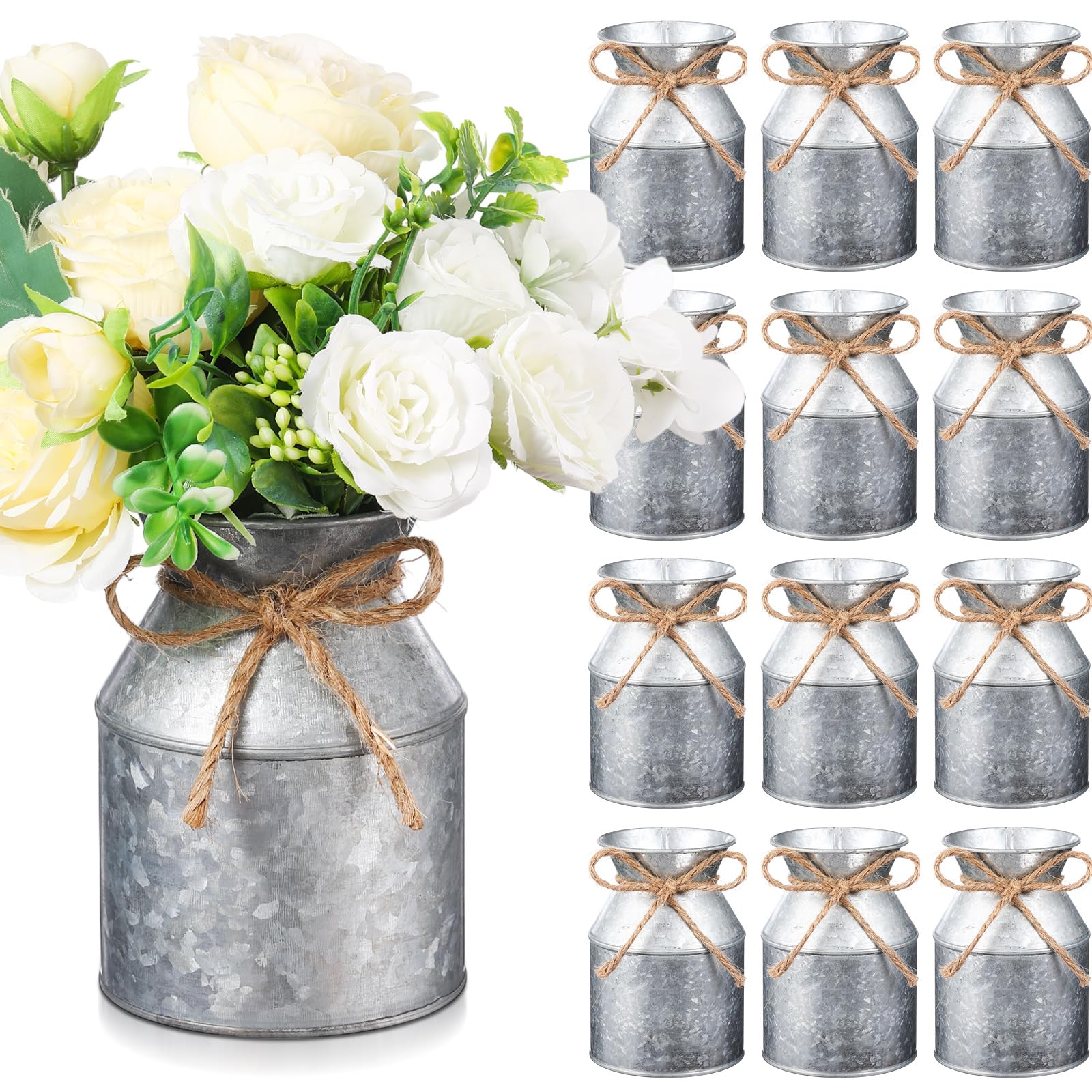 Domensi 12 Pcs 5.12 Inch Farmhouse Metal Flower Vase Galvanized Milk Can Jug Vase with Twine Bow Rustic Flower Buckets for Floral Table Centerpiece