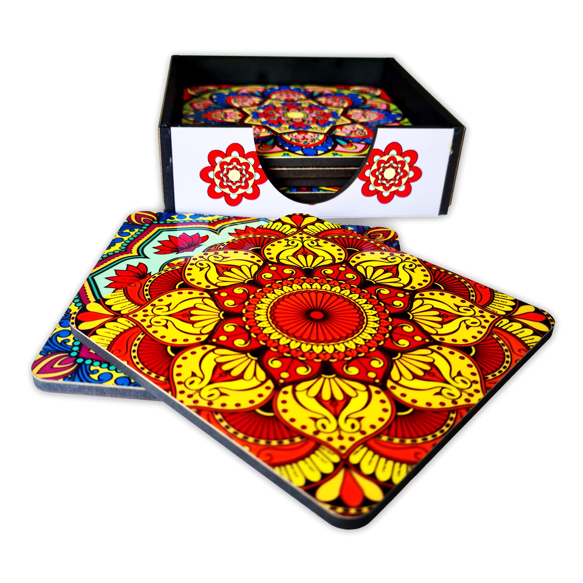 Sponsored Ad - Ambiyaa Set of 6 Mandala 4 Inch Coasters with Holder | Unique Handmade Designs | Square with Holder | 10x10 cm