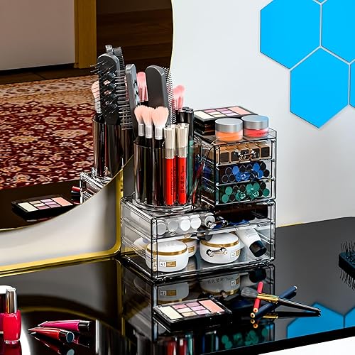 Miniatura 2 de Organizadores de maquillaje de acrílico transparente para tocador, encimera, paquete de 3 organizadores de cajones de maquillaje con soporte para