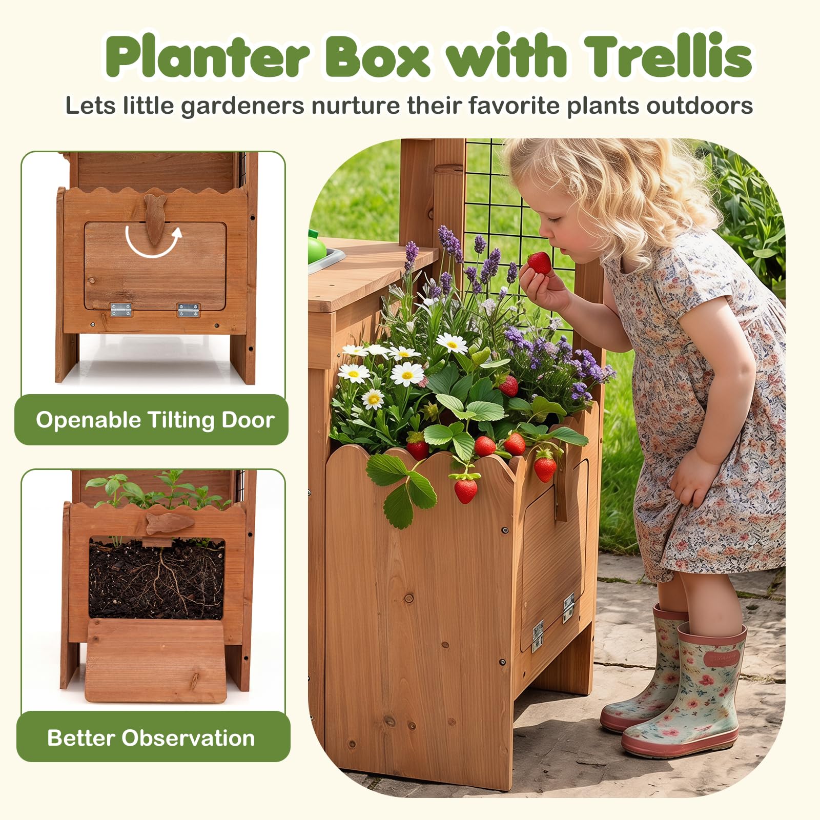 COSTWAY Matschküche Kinder Outdoor, Spielküche mit Wassertank & Wasserhahn | Kinderküche mit Spüle, Vogelkäfig, Pflanzkasten, Spalier, Blumentöpfen, Gartenspielzeug & Kochzubehör, Gartenspielküche